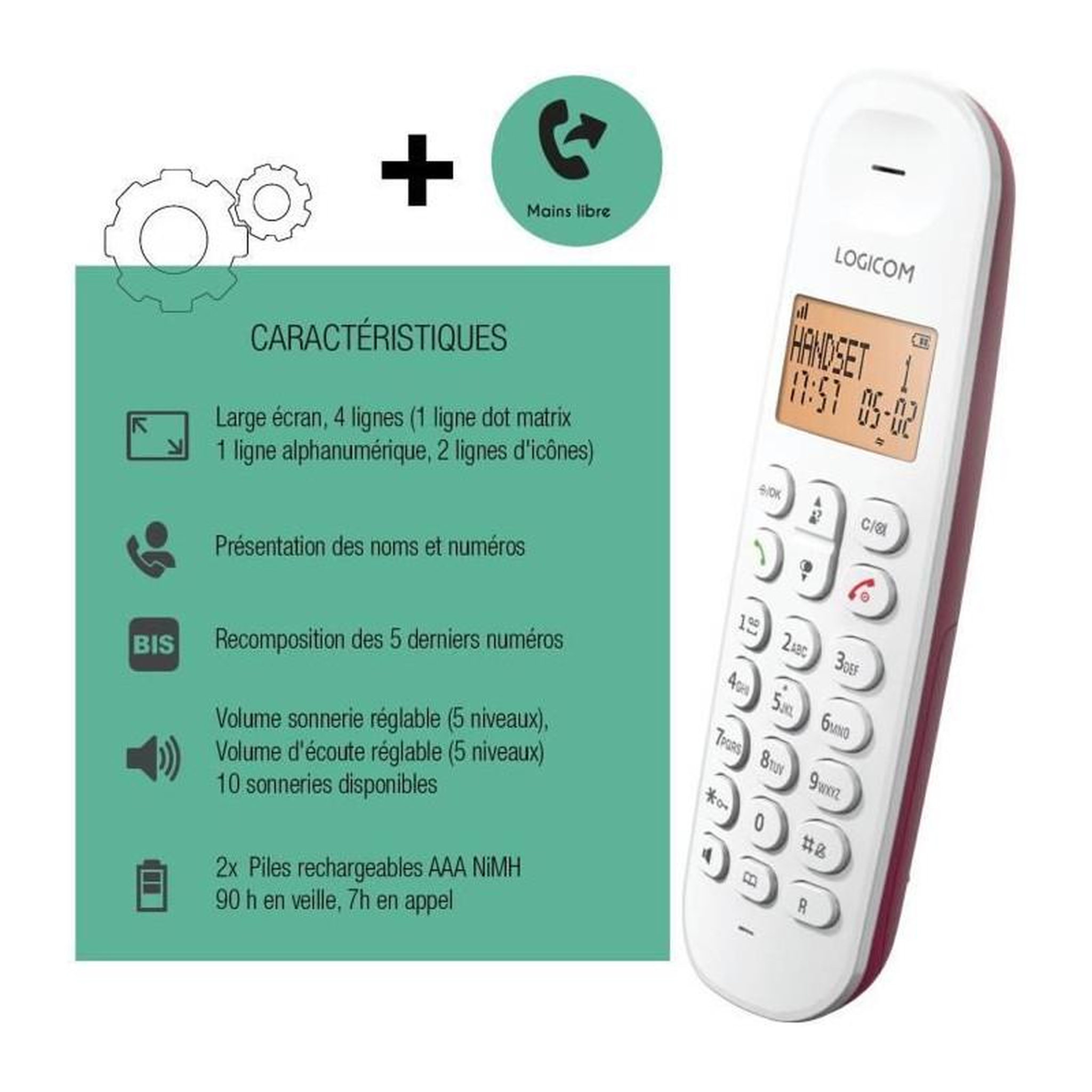 Voir la diapositive 6 : Logicom Téléphone fixe sans fil - LOGICOM - DECT ILOA 150 SOLO - Framboise - Sans répondeur