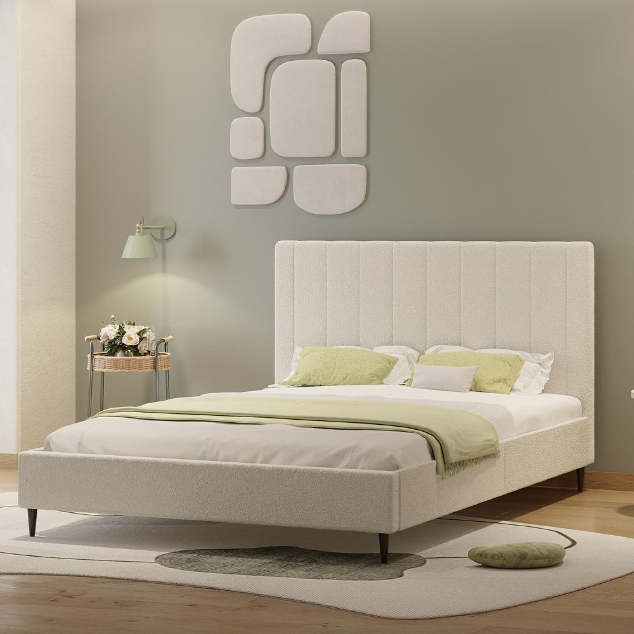 Voir la diapositive 3 : CONCEPT USINE Lit bouclette 160x200cm beige avec tête de lit et sommier cambridge