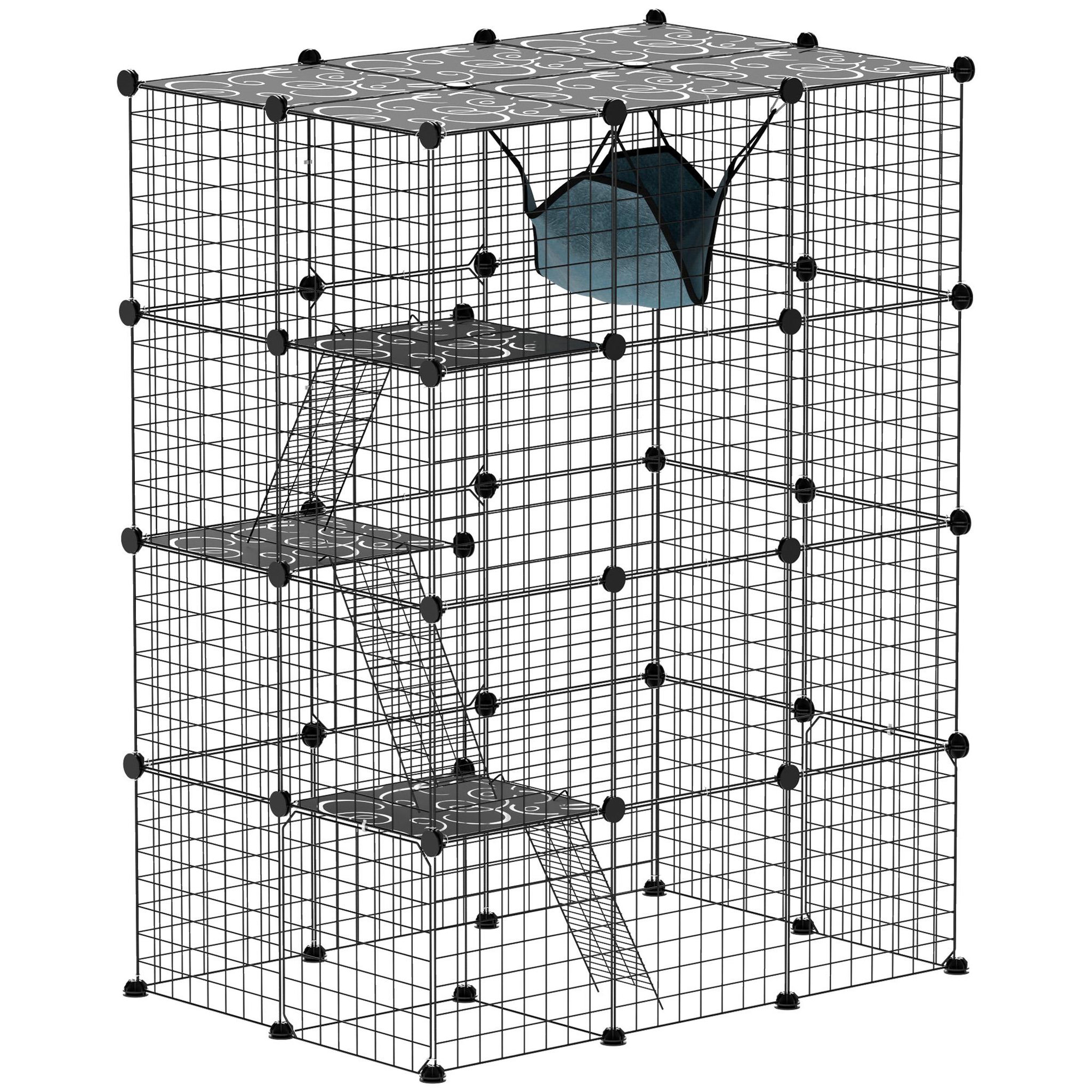 PAWHUT Cage chat intérieur - parc chat diy - 4 niv. 5 portes hamac plateformes rampes - acier noir