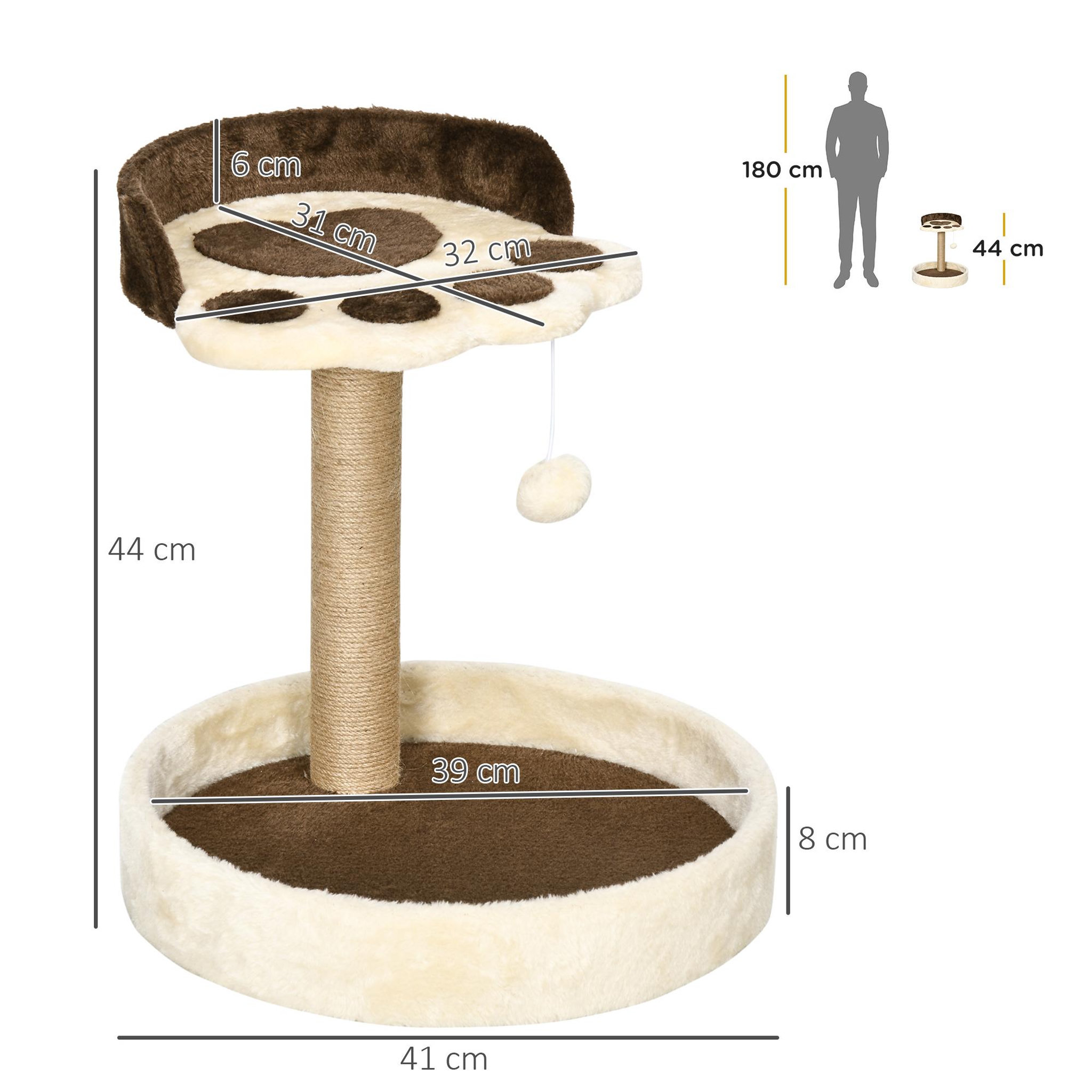 Voir la diapositive 3 : PAWHUT Arbre à chat griffoir design patte de chat jeu boule suspendue panier plateforme observation peluche beige marron jute naturelle