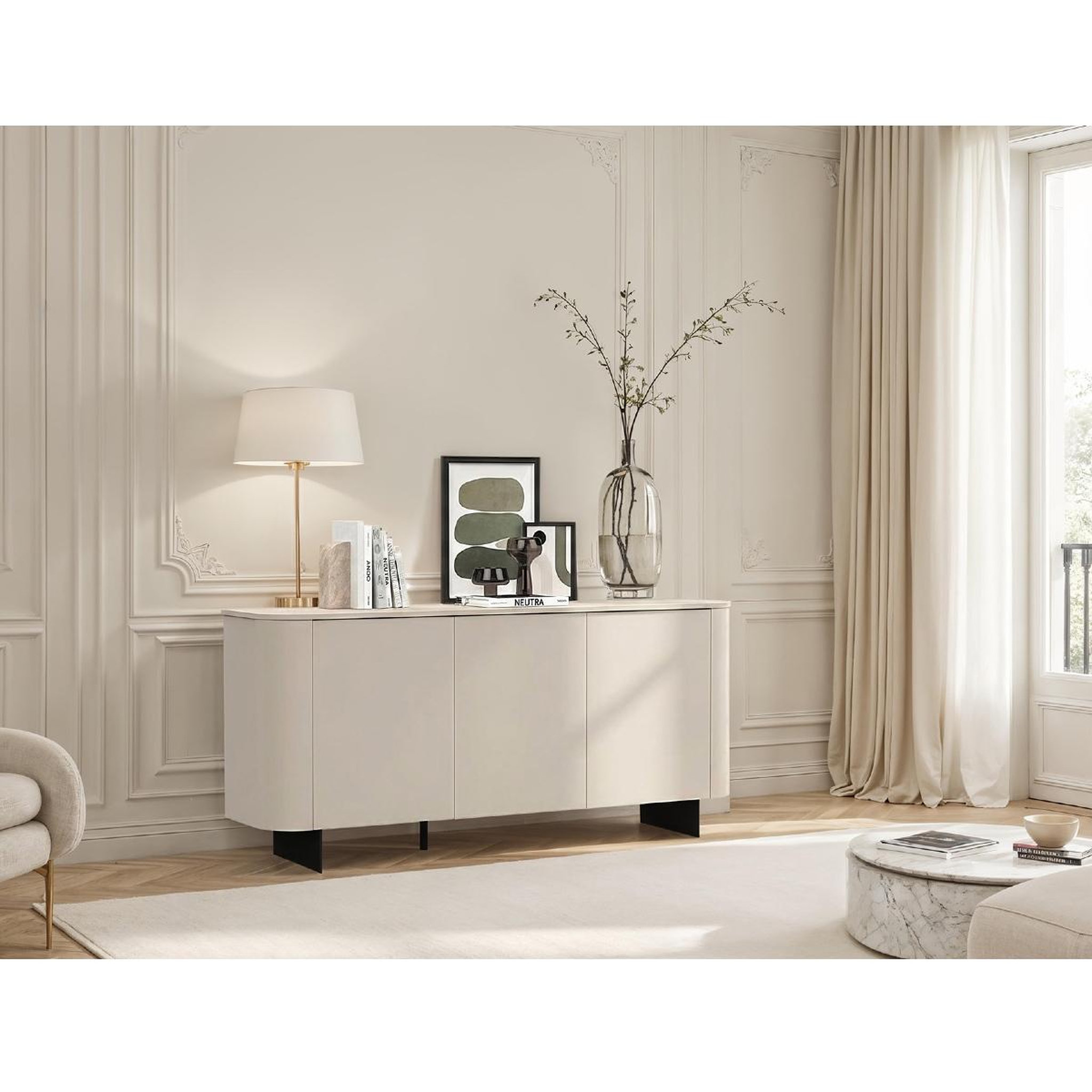 Voir la diapositive 4 : JLC KREATION Buffet 3 portes beige et décor marbre blanc 180cm isabela