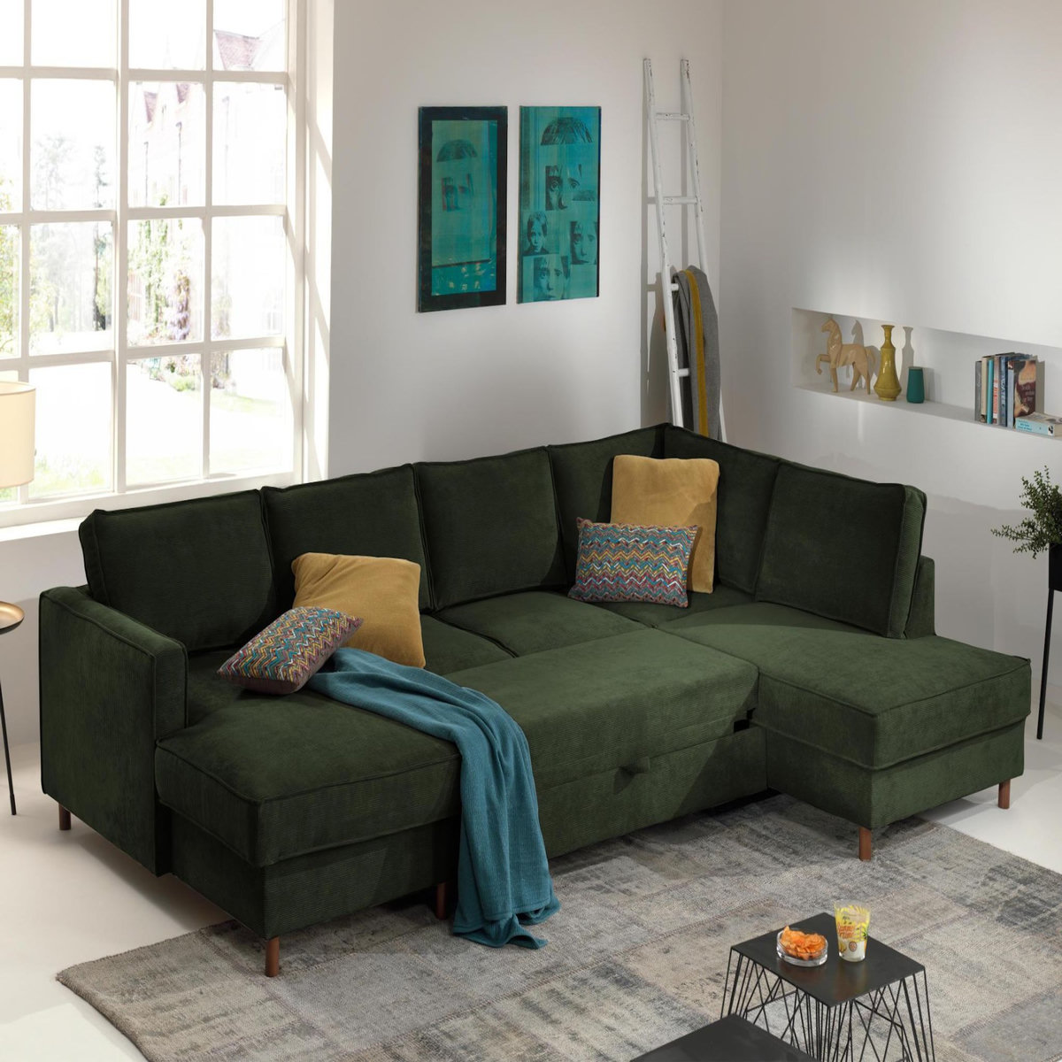 LISA DESIGN Jake - canapé panoramique d'angle droit - convertible avec coffre - 7 places - en velours côtelé