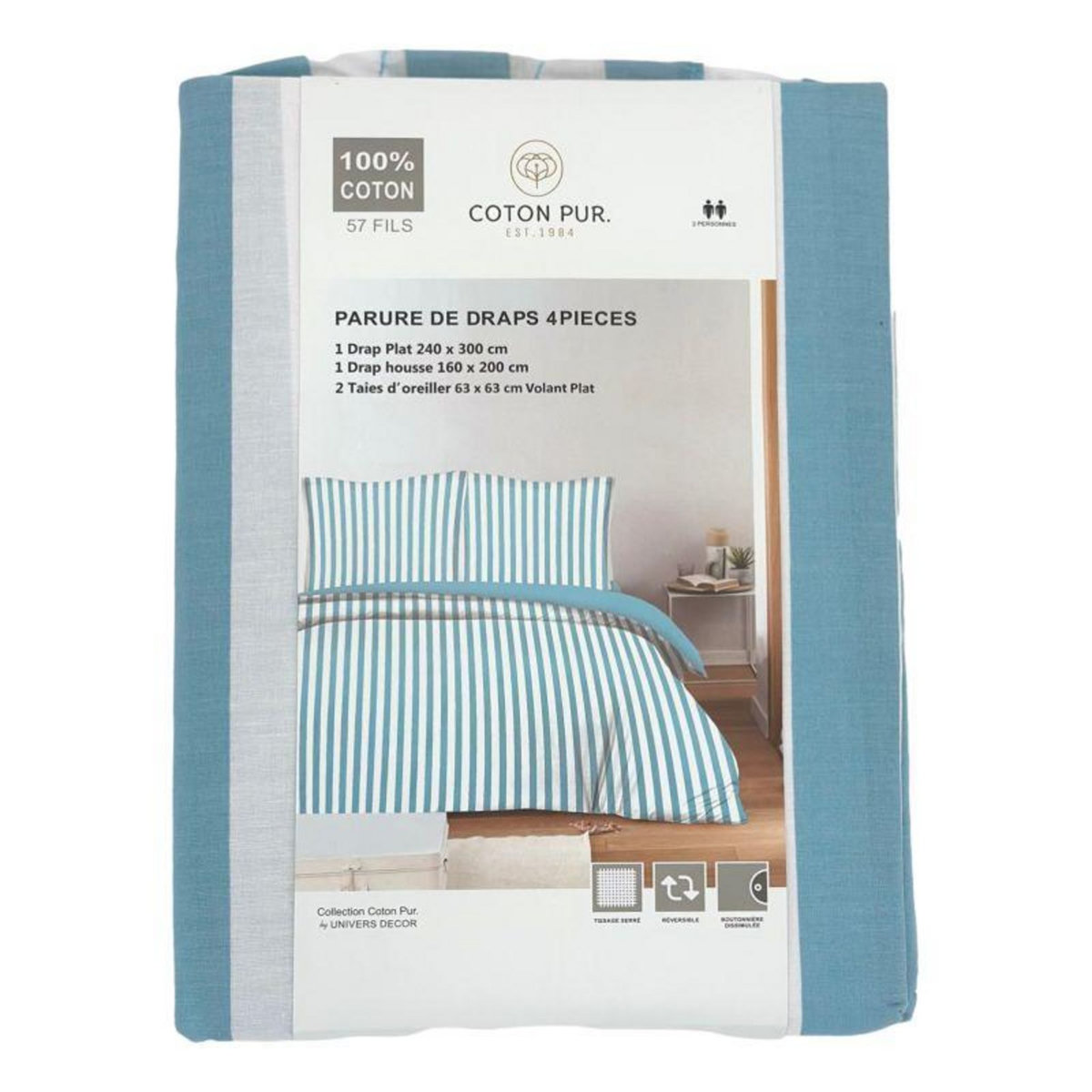 COTON PUR Parure de draps 4 pièces pour lit 160 x 200 cm  Grande largeur  Anatole azur
