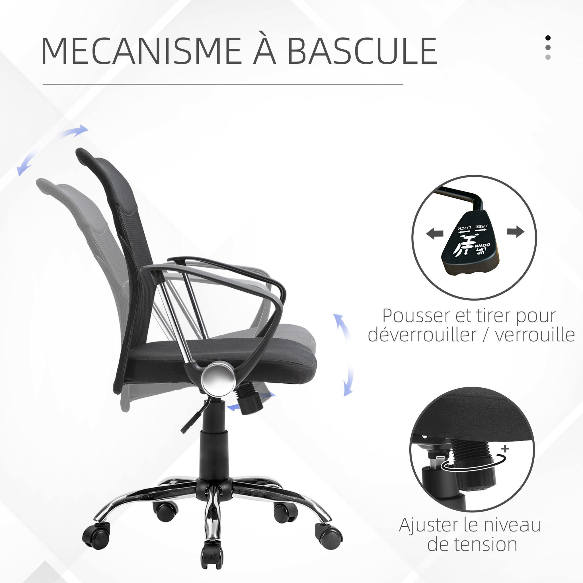 Voir la diapositive 5 : VINSETTO Fauteuil de bureau chaise de bureau réglable pivotant 360° fonction à bascule lin maille résille respirante noir