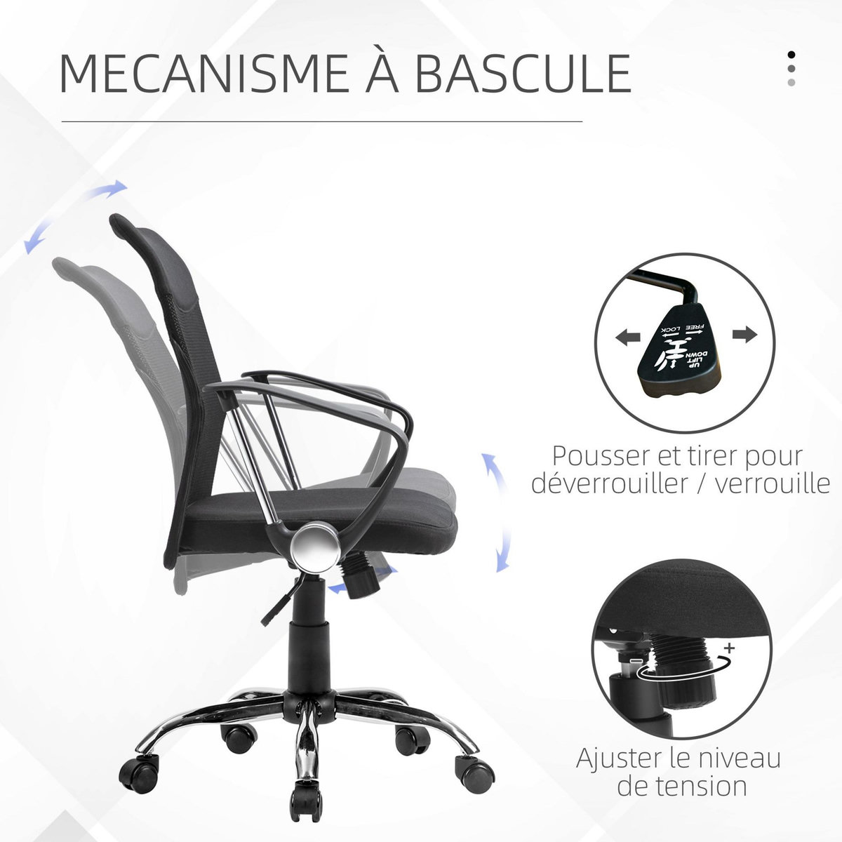 VINSETTO Fauteuil de bureau chaise de bureau réglable pivotant 360° fonction à bascule lin maille résille respirante noir