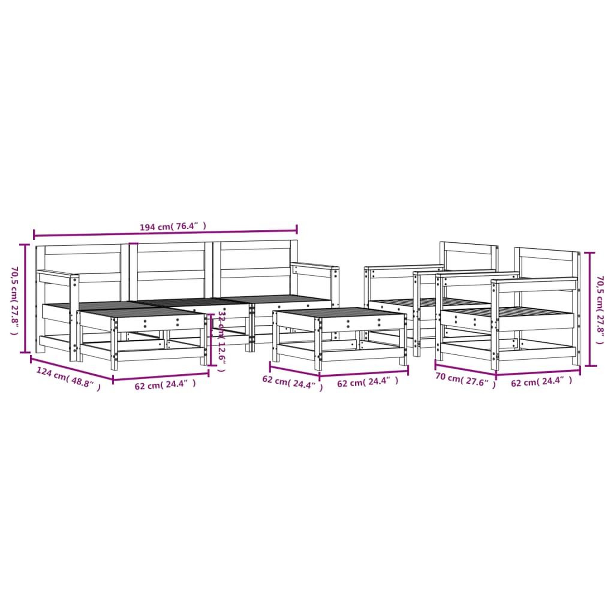 Voir la diapositive 6 : VIDAXL Salon de jardin 7 pcs Blanc Bois de pin massif