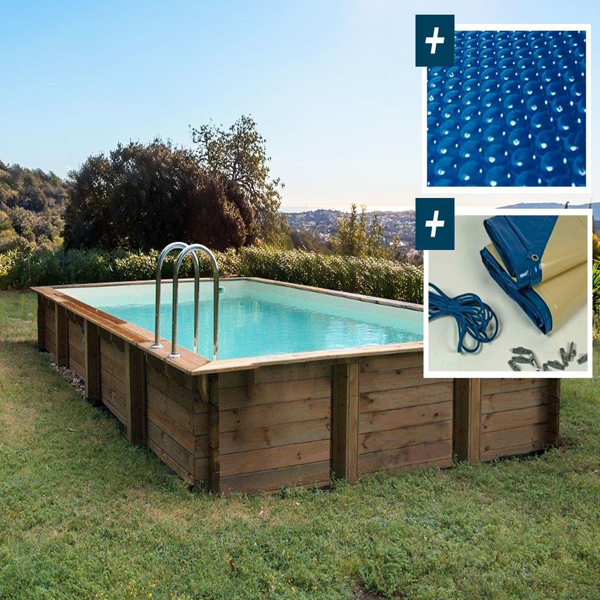 Habitat et Jardin Piscine bois en kit rectangle   tampa 145   - 7.20 x 4.20 x 1.44 m -  bâche à bulles  400 µ - bâche hiver  280 g/m²