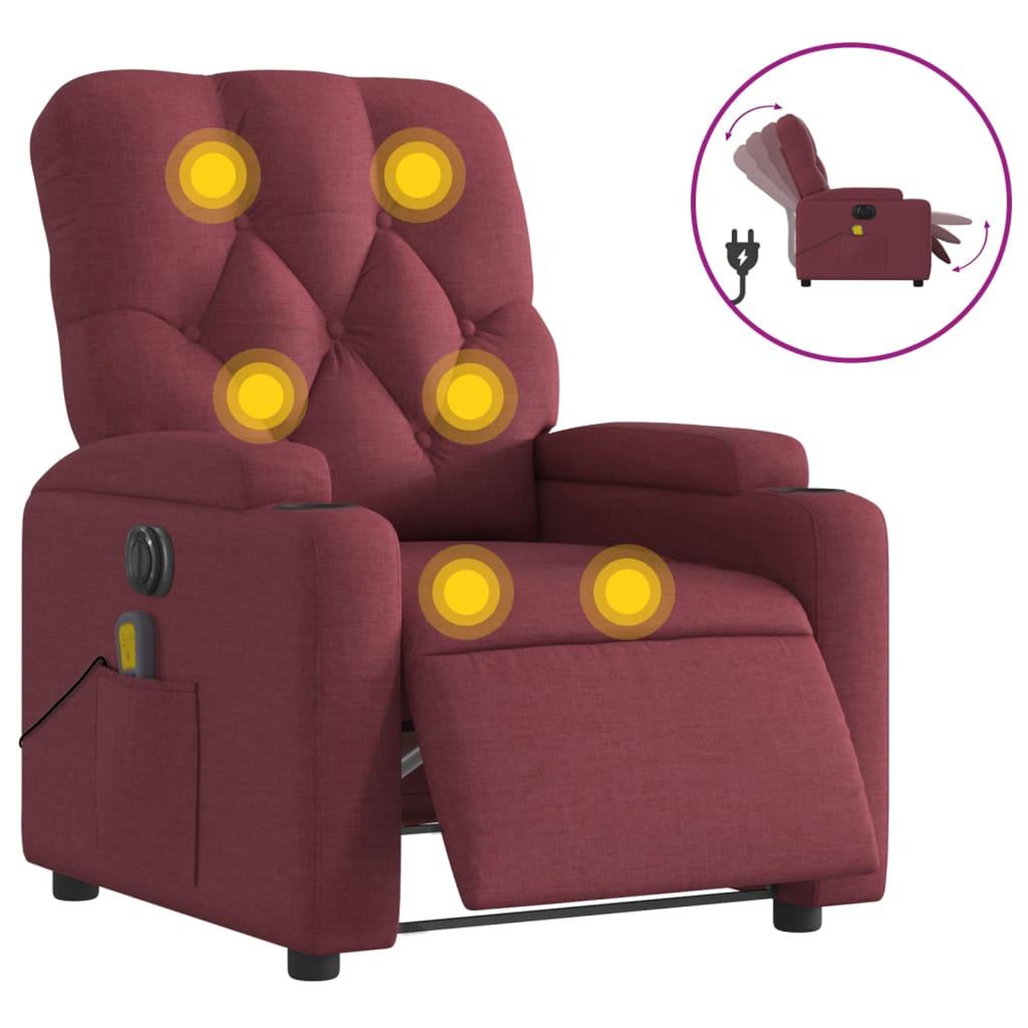 Voir la diapositive 2 : VIDAXL Fauteuil de massage inclinable electrique Rouge bordeaux Tissu