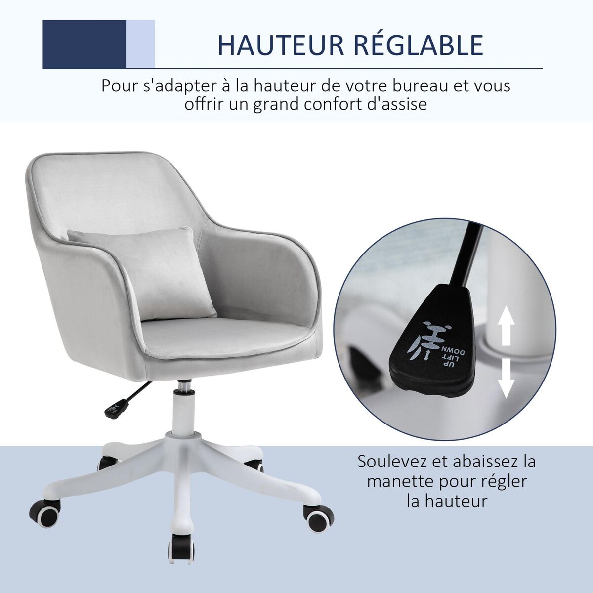 HOMCOM Chaise de bureau velours fauteuil bureau massant coussin lombaire intégré hauteur réglable pivotante 360° gris clair