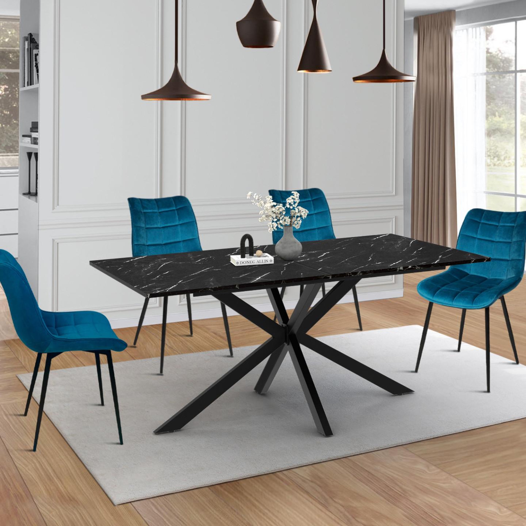 Voir la diapositive 2 : ID MARKET Table à manger rectangle alix 8 personnes pied araignée noir et plateau effet marbre noir alaska 160 cm
