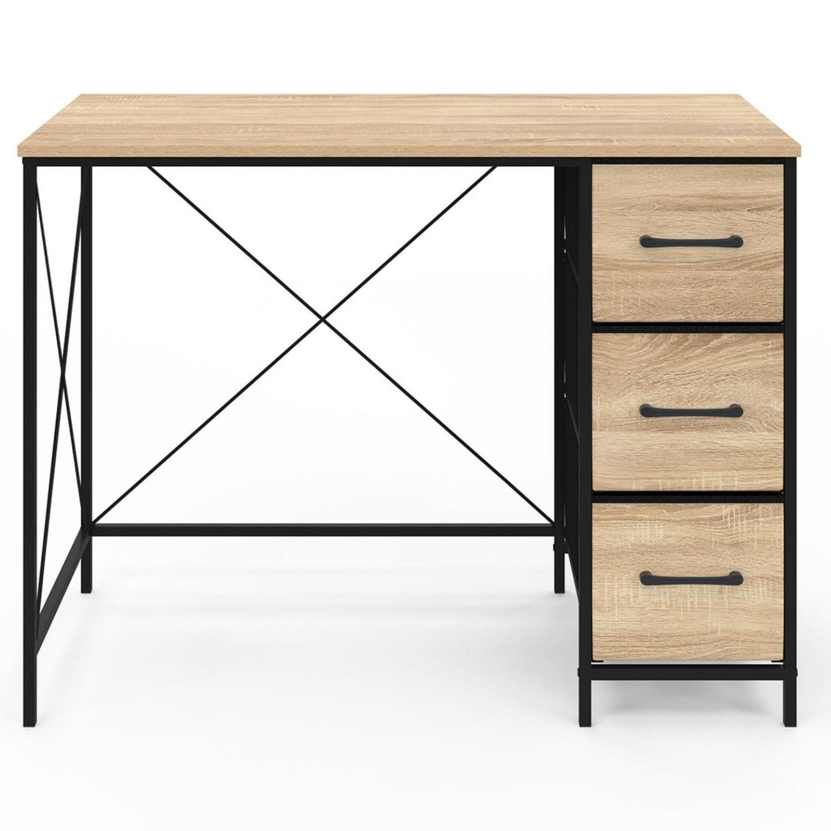 ID MARKET Bureau 3 tiroirs en tissu UTAH bois et noir design industriel