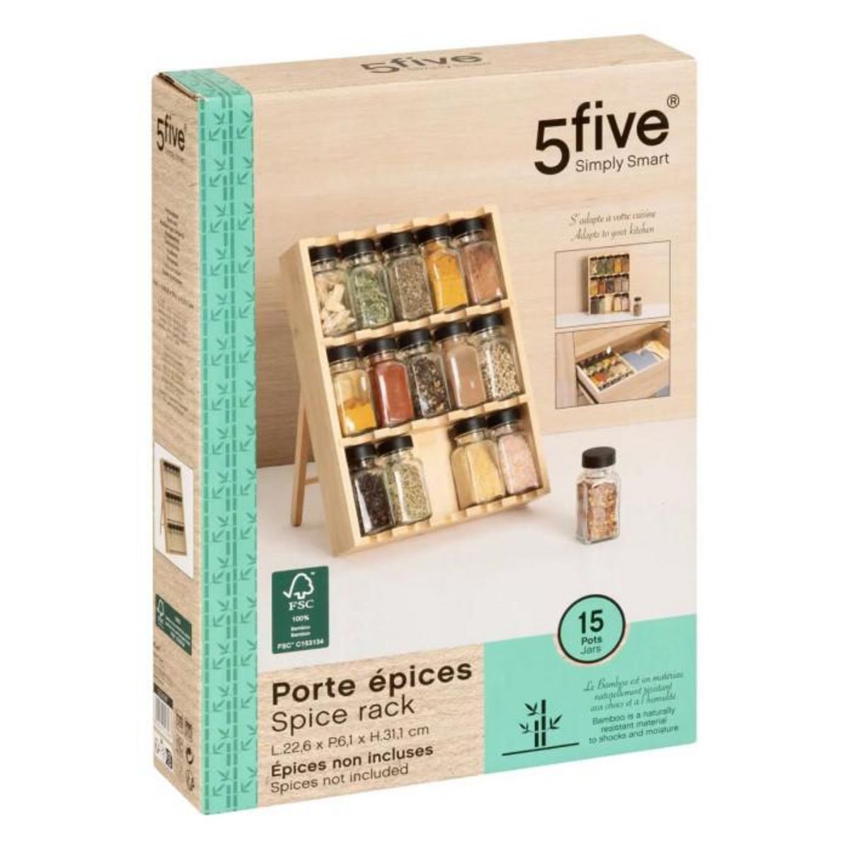 FIVE Lot de 15 Pots à Épices  Rack Tiroir  31cm Naturel