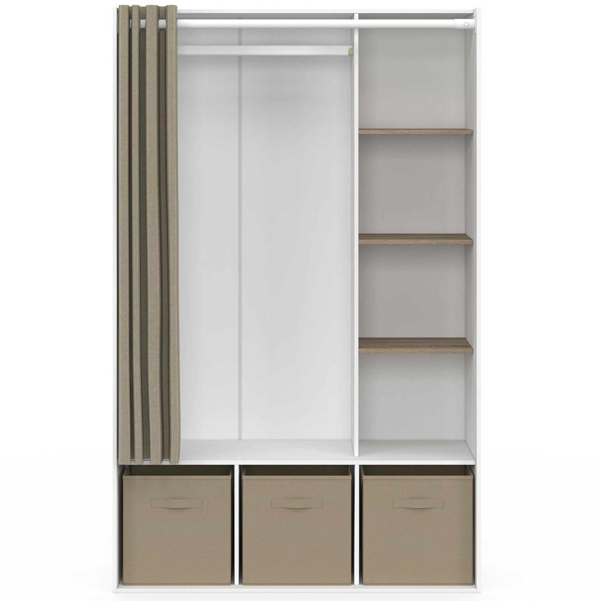 Voir la diapositive 3 : ID MARKET Dressing penderie diane 105 x 45 x 167 cm blanc avec étagères + boites de rangement + rideau taupe