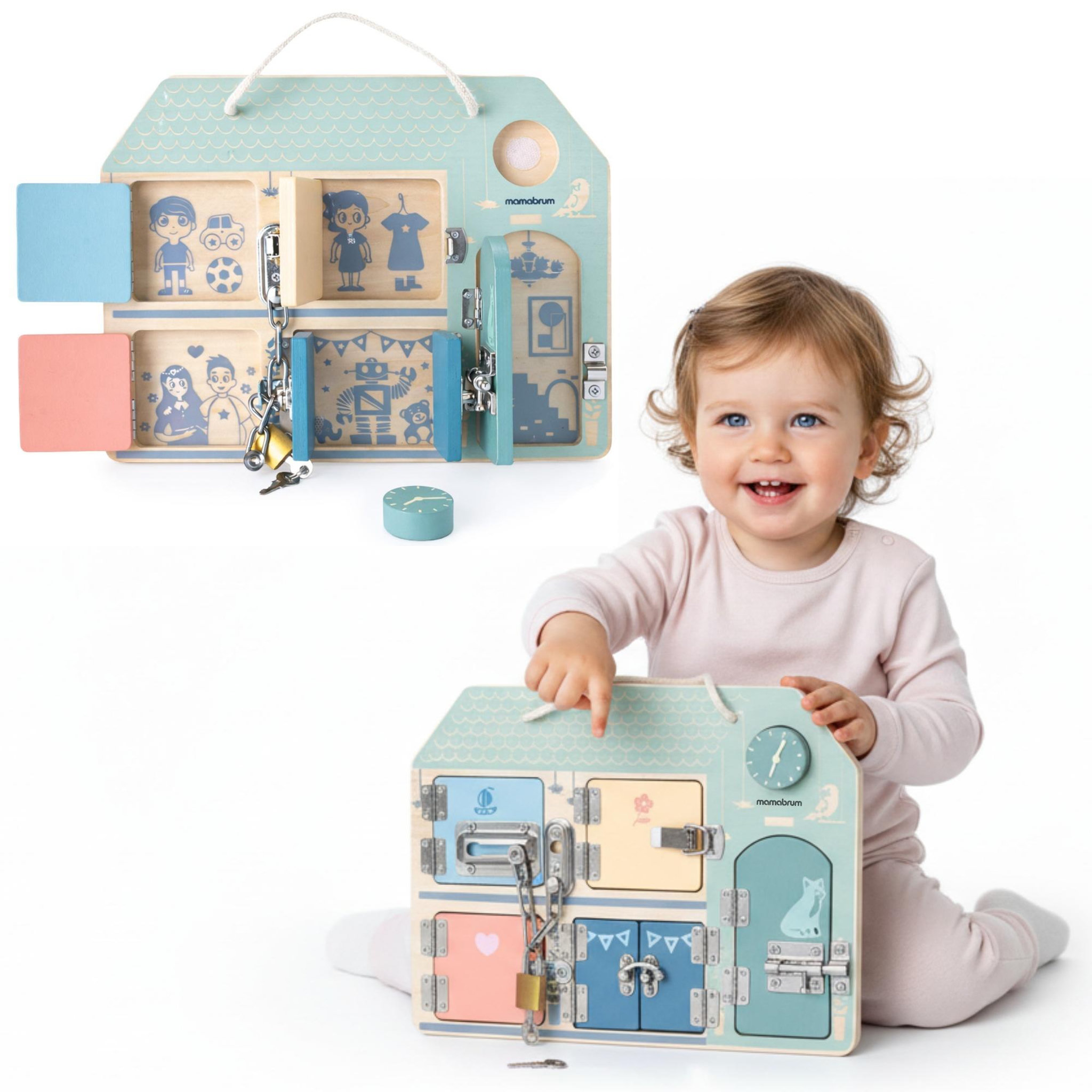 MAMABRUM Tableau Manipulation Bois Mamabrum Planche Verrous Maison 30x22 cm 3 Ans