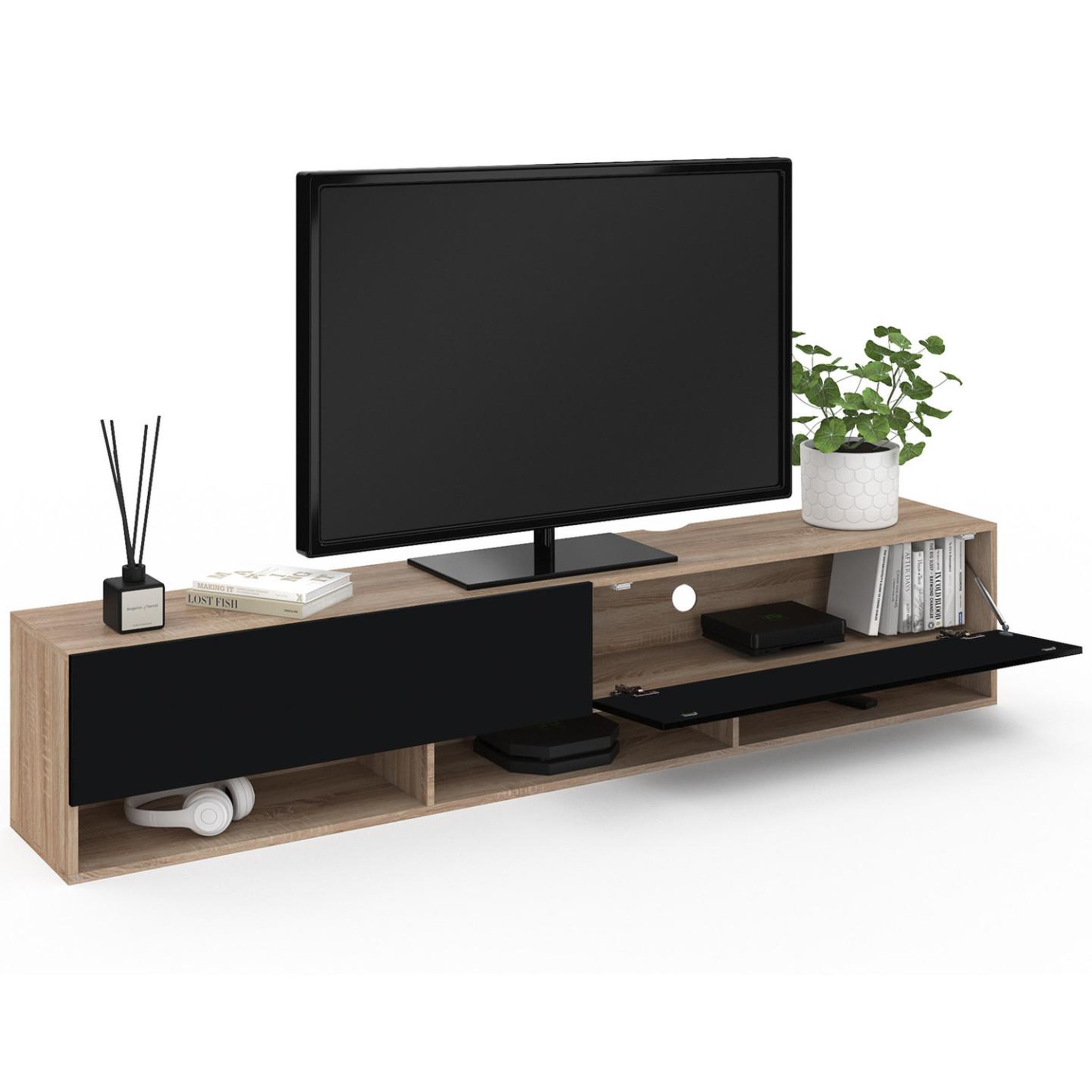 Voir la diapositive 4 : ID MARKET Meuble tv 180 cm suspendu elio 2 portes avec étagère bois et noir