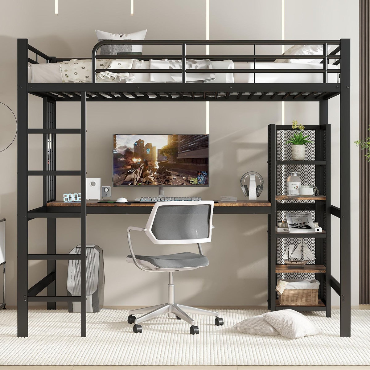 MERAX Lit mezzanine 90x200cm coloris noir métal et mdf