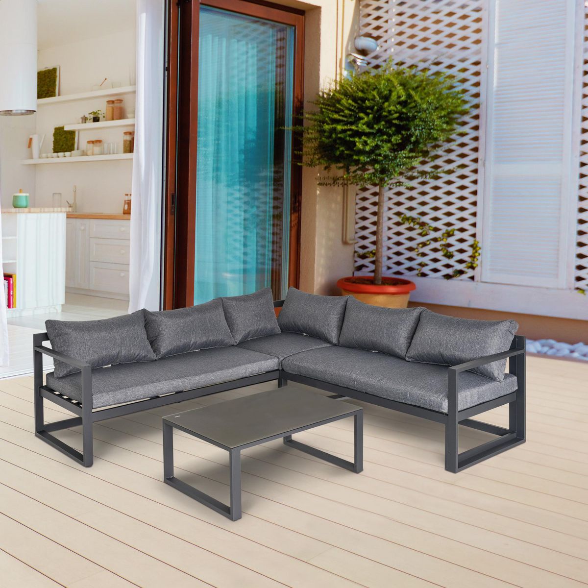 OUTSUNNY Ensemble salon de jardin d'angle design contemporain style yachting 5 places coussins table basse inclus banquette 3 places réglable alu. gris
