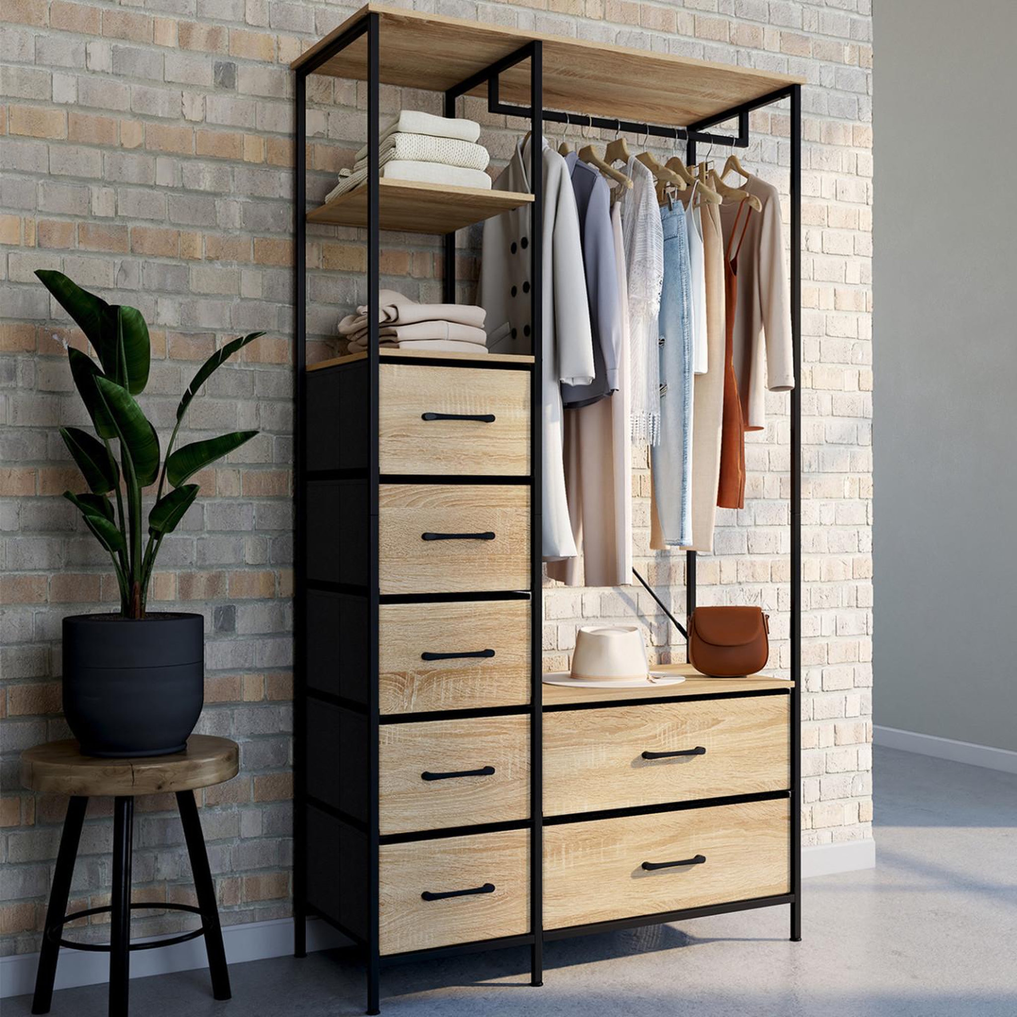 Voir la diapositive 2 : ID MARKET Dressing penderie + colonne L. 90 cm UTAH avec 1 étagère et 7 bacs en tissu bois et noir
