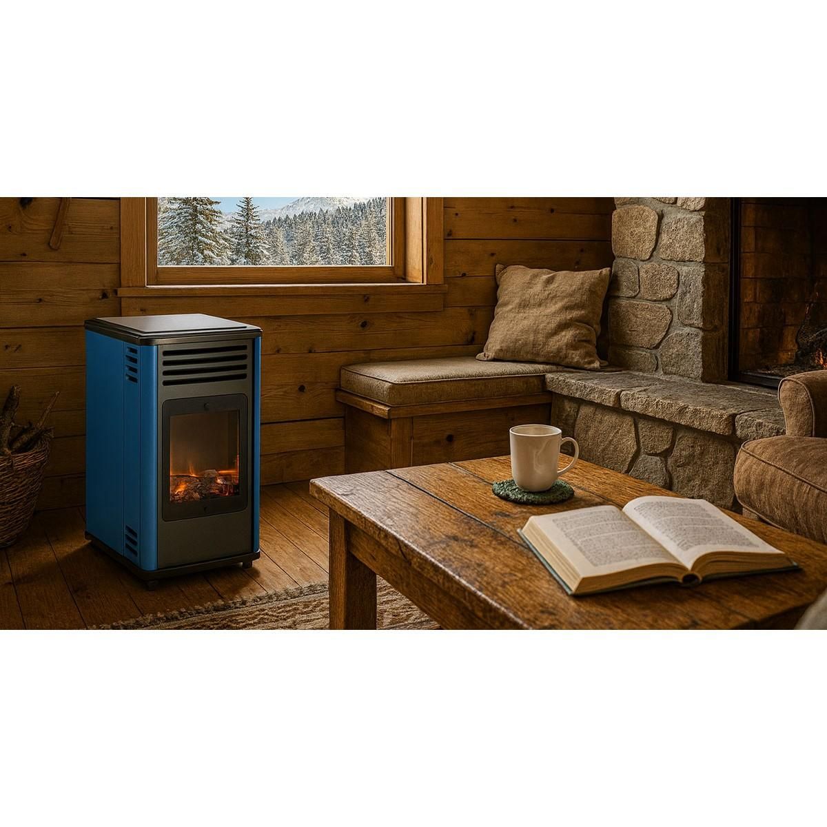 SAHARA Chauffage à gaz 3400W Bleu Effet feu + Tuyau gaz + Détendeur butane Manhattan Sahara