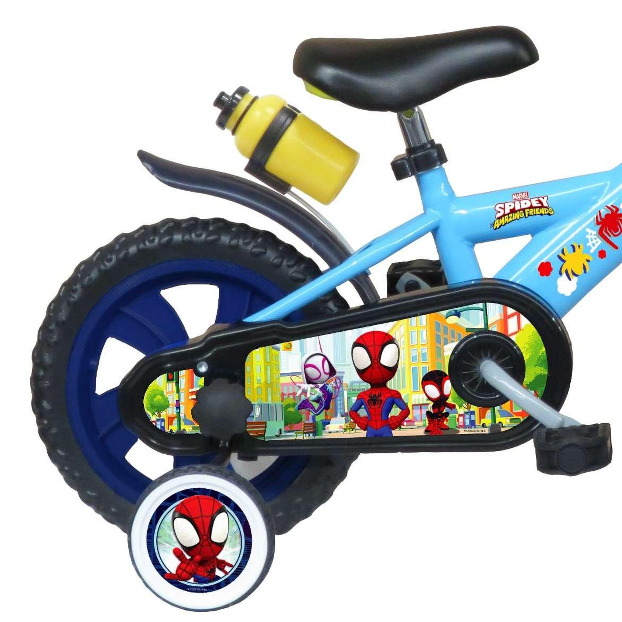Voir la diapositive 2 : Vélo enfant - Modèle 12'' Spidey et ses amis pour enfant de 85/100 cm avec stabilisateurs - Plaque décorative avant - Porte bidon - 1 frein et roues bâtons