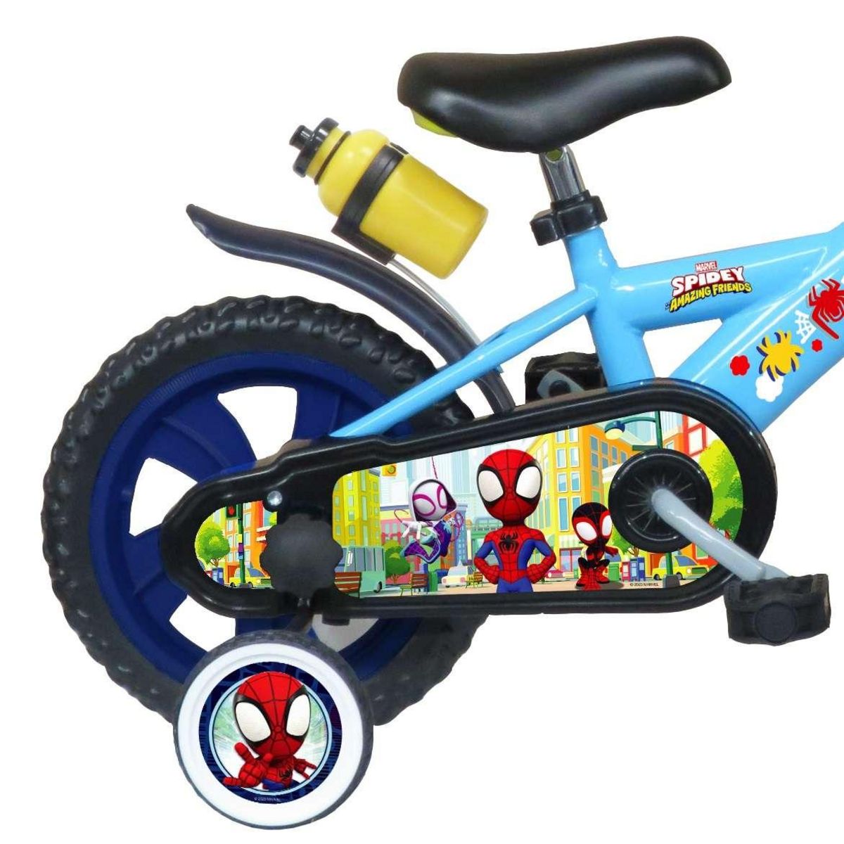 Vélo enfant - Modèle 12'' Spidey et ses amis pour enfant de 85/100 cm avec stabilisateurs - Plaque décorative avant - Porte bidon - 1 frein et roues bâtons