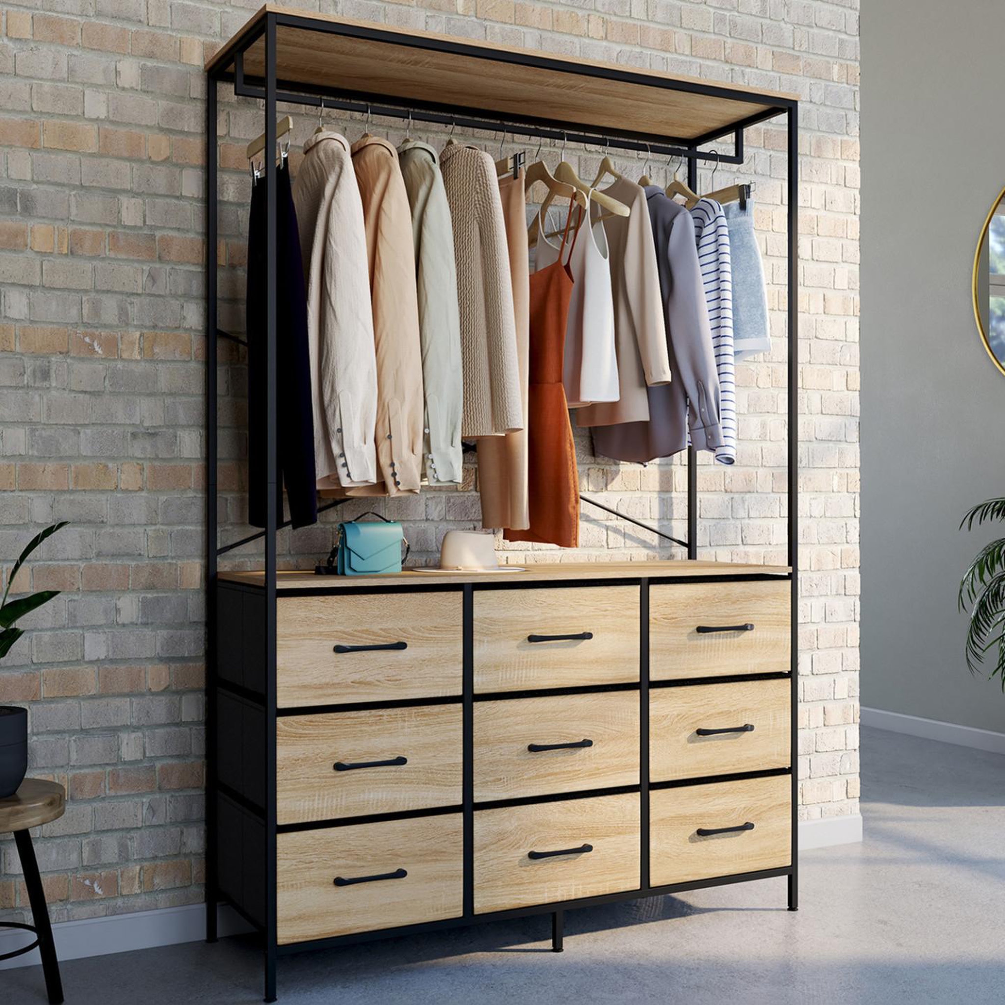 Voir la diapositive 2 : ID MARKET Dressing penderie l. 113 cm utah avec 9 bacs en tissu bois et noir