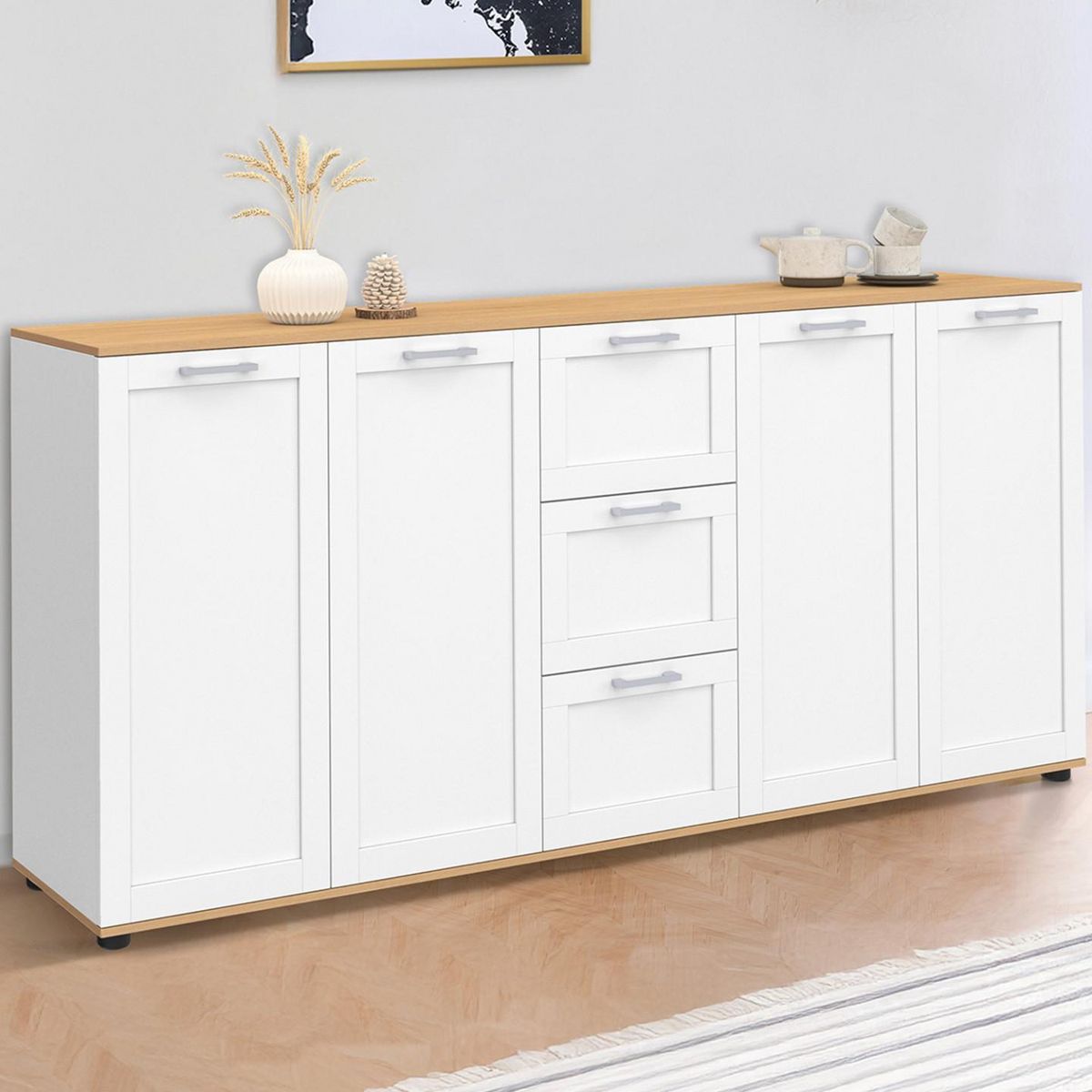 ID MARKET Buffet 180 cm VITO XXL 4 portes avec 3 tiroirs bois et blanc
