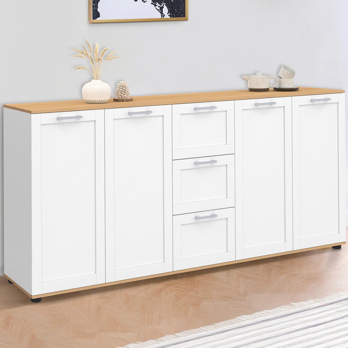 ID MARKET Buffet 180 cm VITO XXL 4 portes avec 3 tiroirs bois et blanc