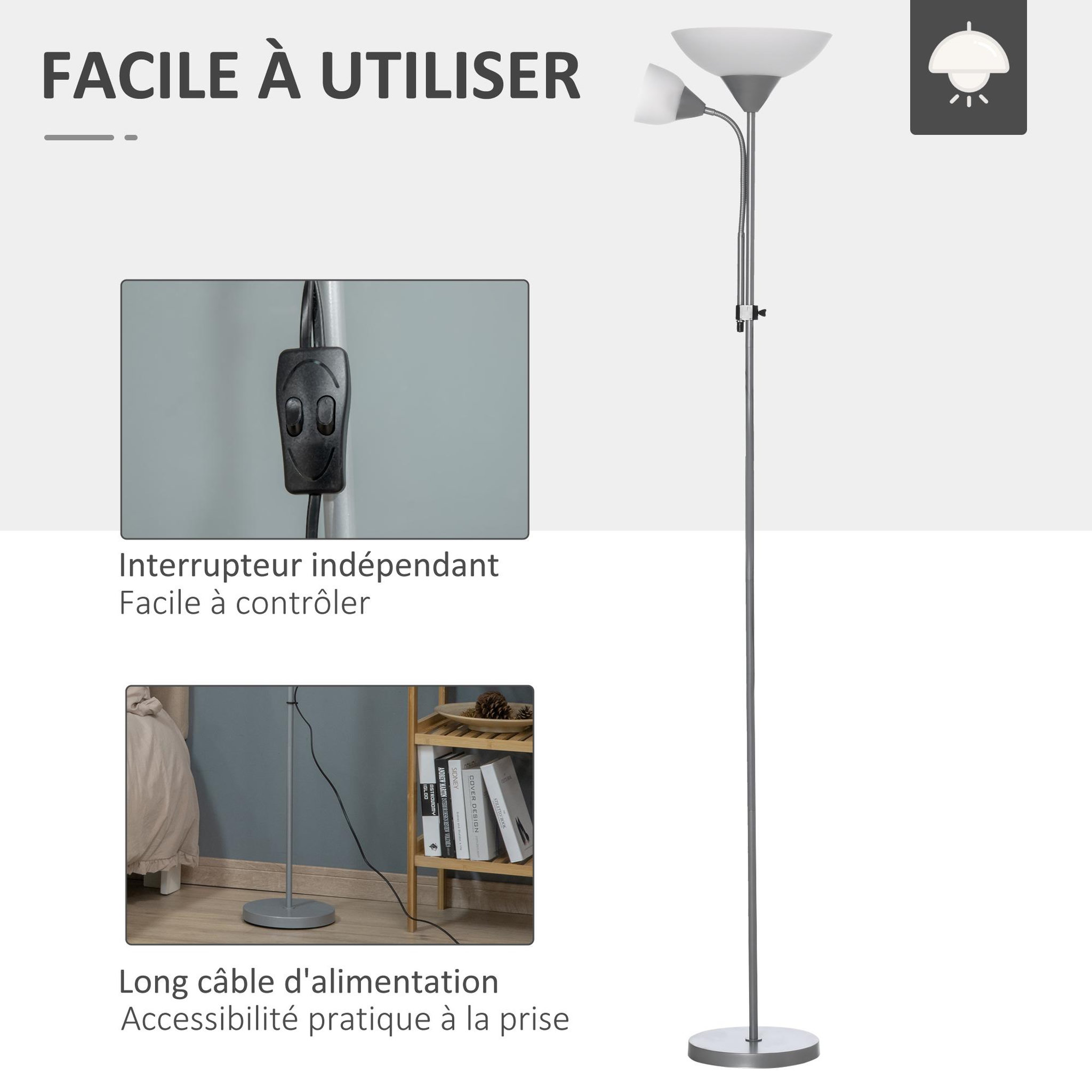 Voir la diapositive 5 : HOMCOM Lampadaire 2 têtes douilles e27 e14 base métal dim. Ø28 x 179,5h cm gris blanc