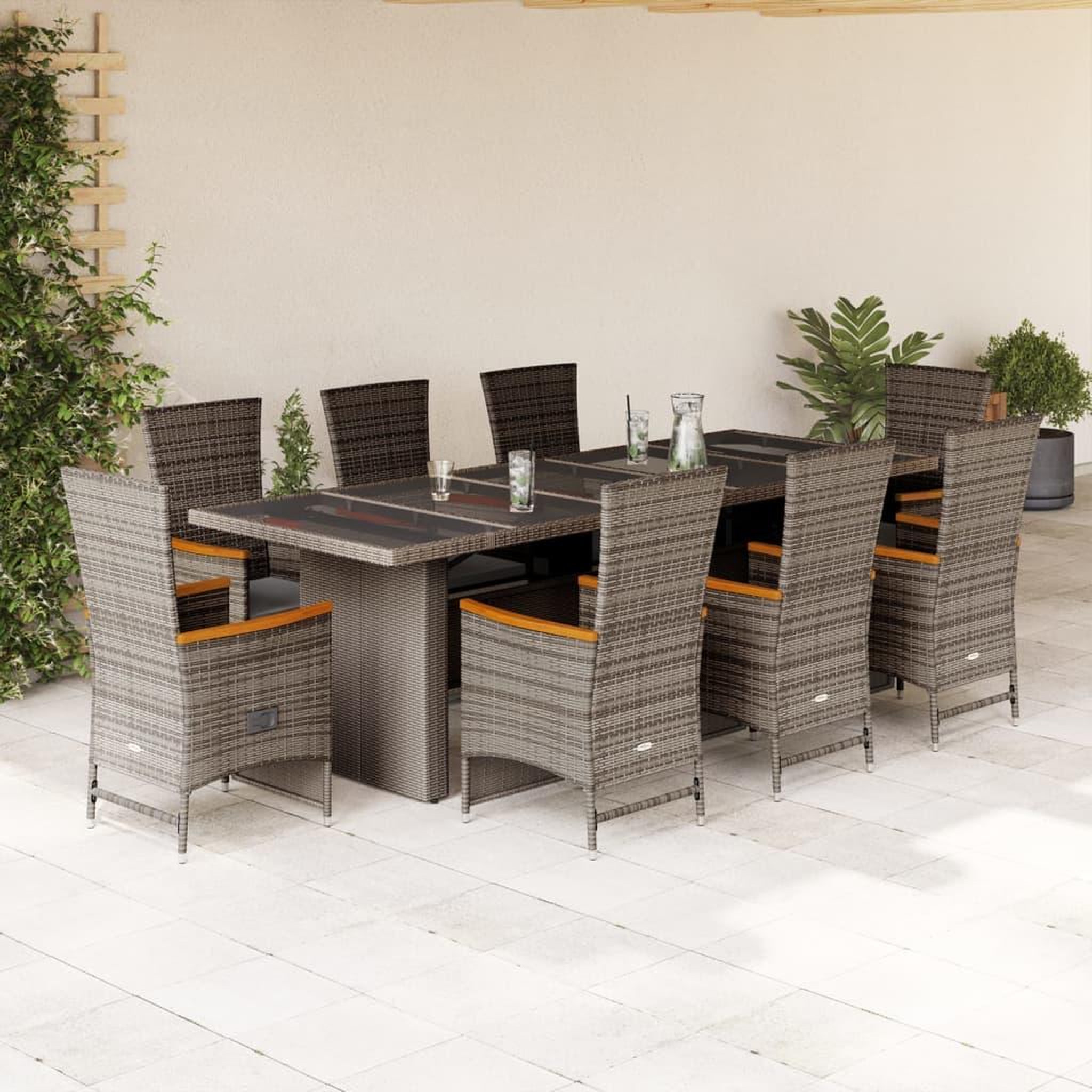 VIDAXL Ensemble a manger de jardin 9 pcs coussins gris resine tressee