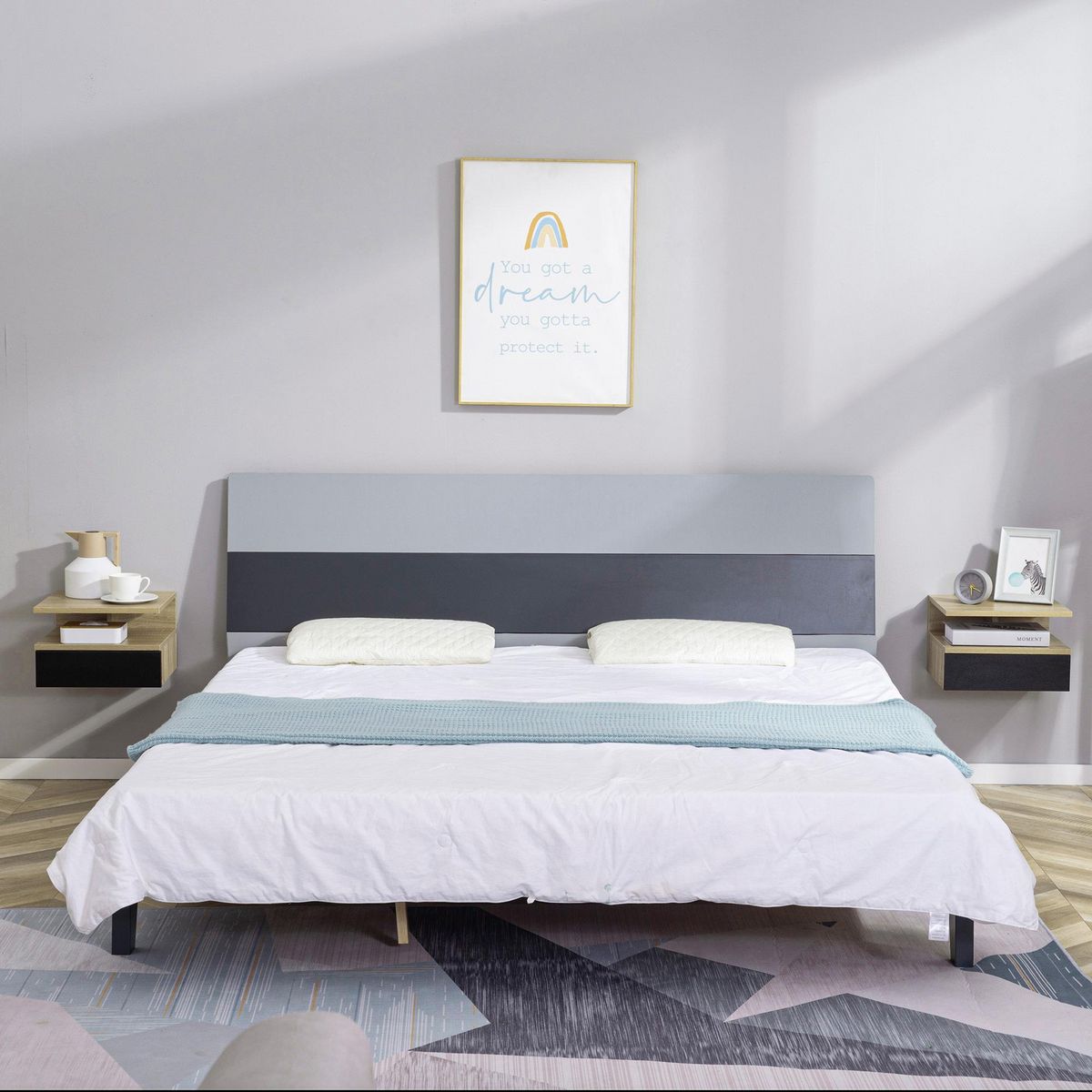 HOMCOM Lot de 2 tables de chevet murales - lot de 2 tables de nuit - tiroir coulissant, niche et plateau - aspect chêne clair noir