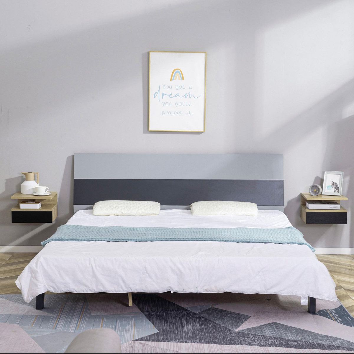 HOMCOM Lot de 2 tables de chevet murales - lot de 2 tables de nuit - tiroir coulissant, niche et plateau - aspect chêne clair noir