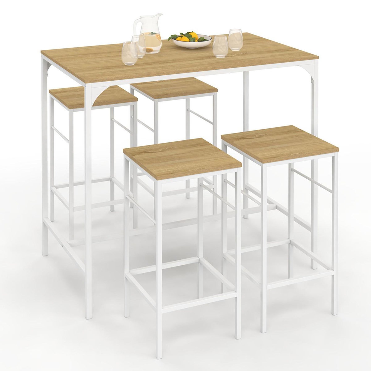 ID MARKET Ensemble table haute de bar DETROIT 100 cm et 4 tabourets de bar bois et métal blanc design industriel
