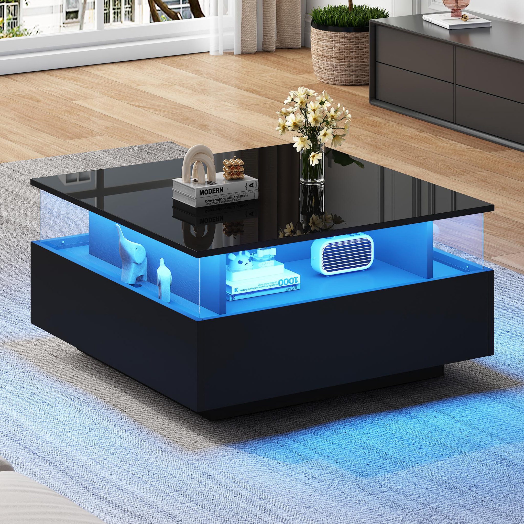 Voir la diapositive 2 : MERAX Table Basse Carré Avec 2 Tiroirs Et LED