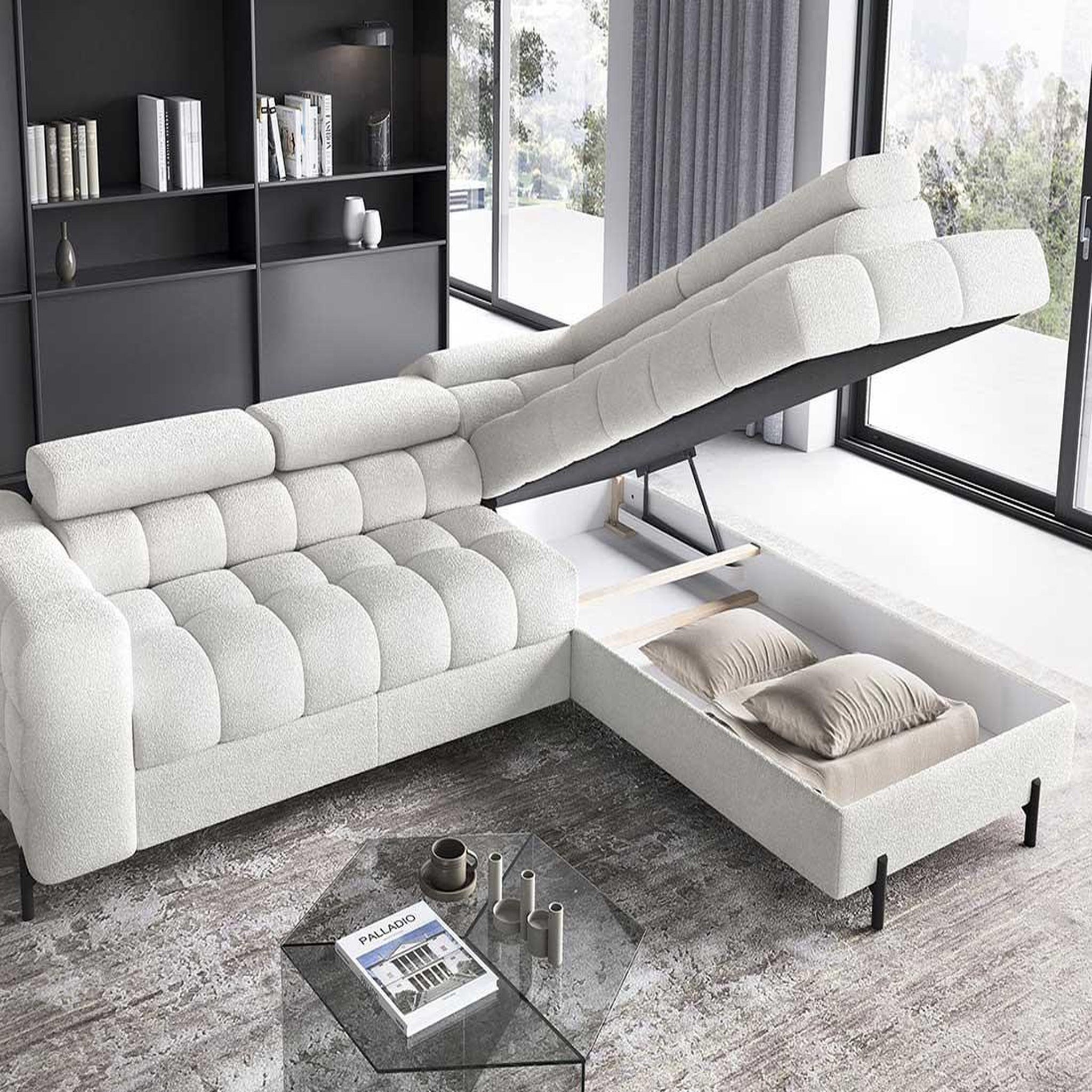Voir la diapositive 3 : BEST MOBILIER Elisa - canapé d'angle droit 5 places convertible avec coffre et têtières réglables en tissu bouclette