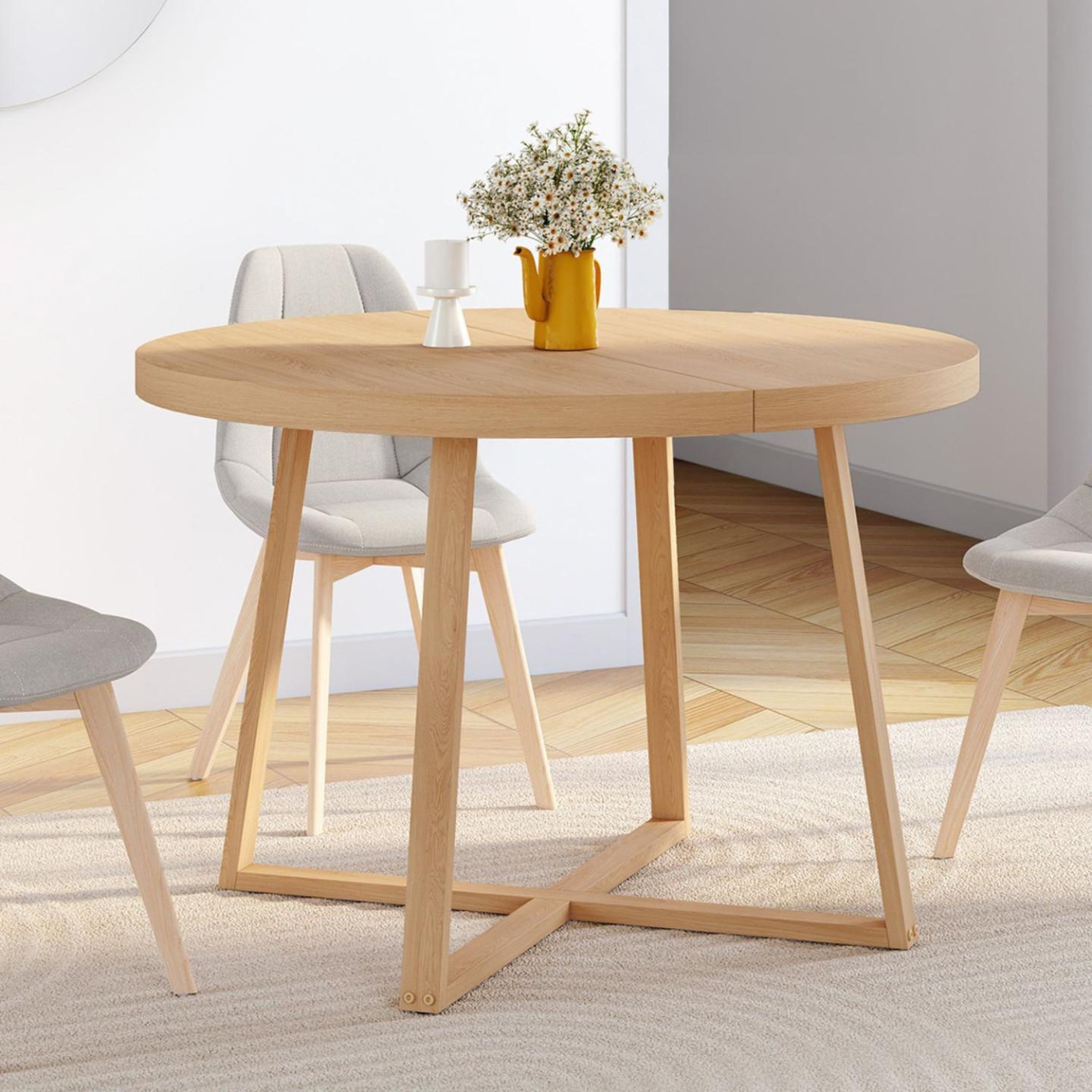 Voir la diapositive 4 : ID MARKET Table à manger extensible ronde selma 4-8 personnes bois effet hêtre 110-150 cm