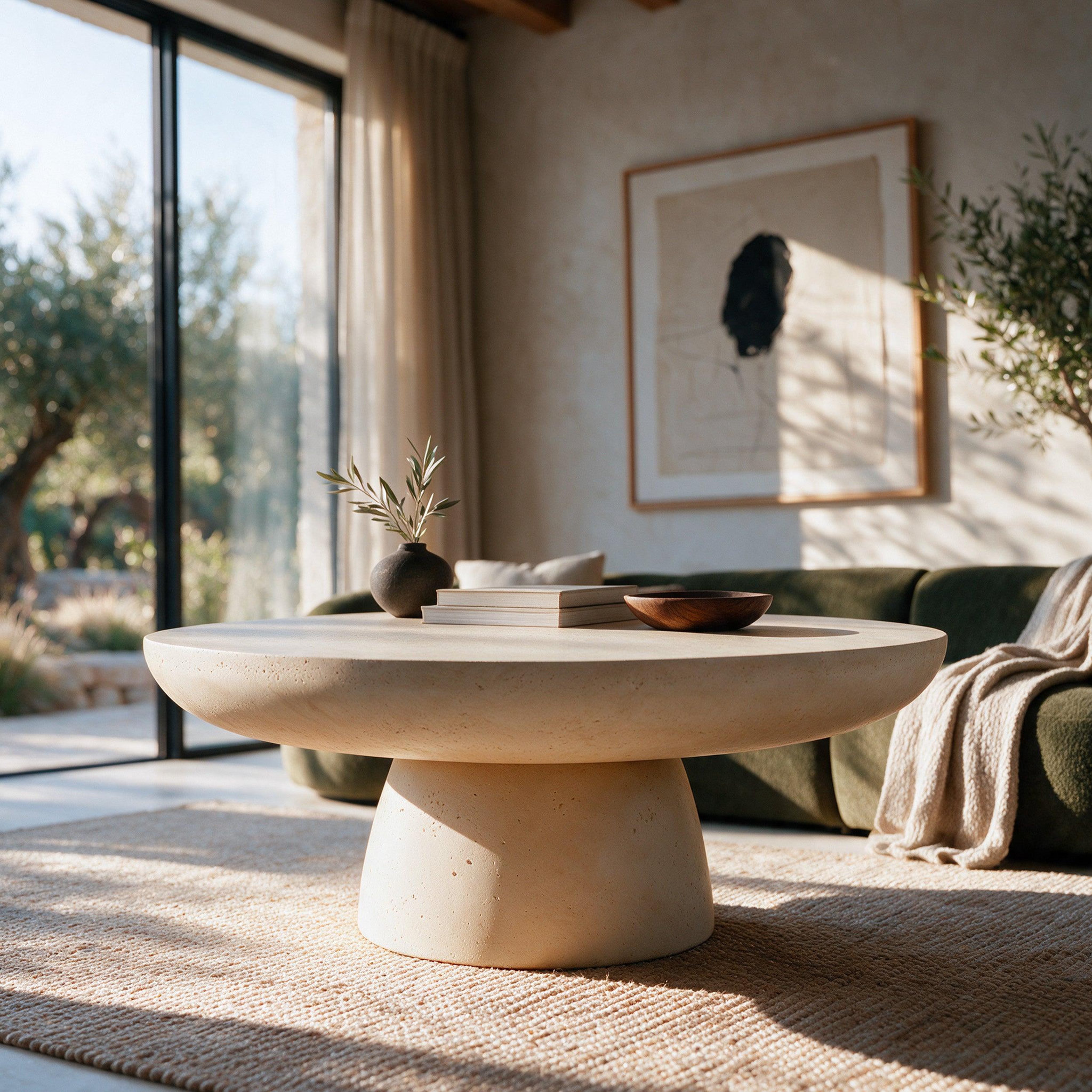 Voir la diapositive 2 : MAISON PAVANE Table basse ronde beige en fibre d'argile effet béton D90 cm-Paros