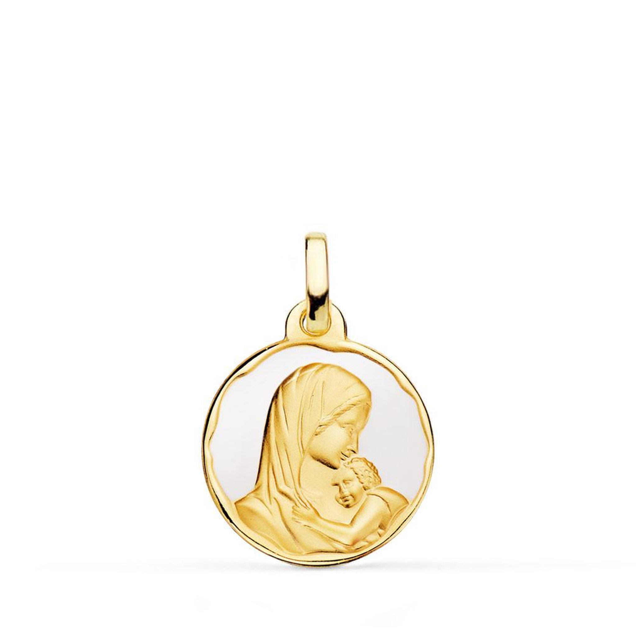 L'ATELIER D'AZUR Pendentif - Médaille Or 18 Carats 750 Vierge à l'Enfant - Email Blanc - Chaîne et Gravure Offertes