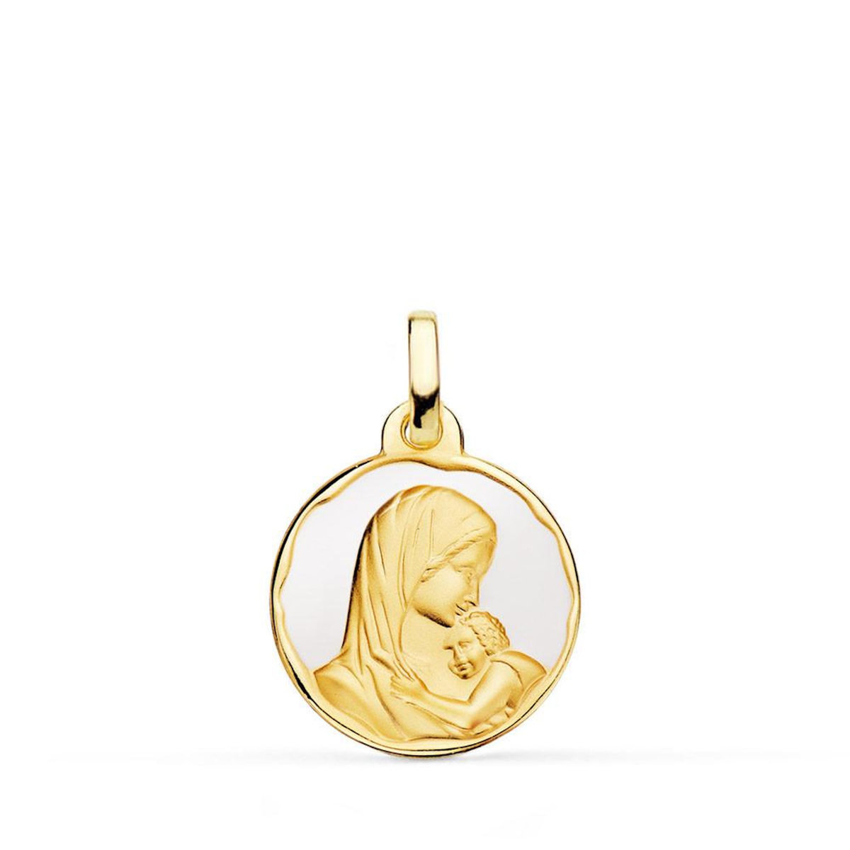 L'ATELIER D'AZUR Pendentif - Médaille Or 18 Carats 750 Vierge à l'Enfant - Email Blanc - Chaîne et Gravure Offertes