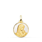 L'ATELIER D'AZUR Pendentif - Médaille Or 18 Carats 750 Vierge à l'Enfant - Email Blanc - Chaîne et Gravure Offertes