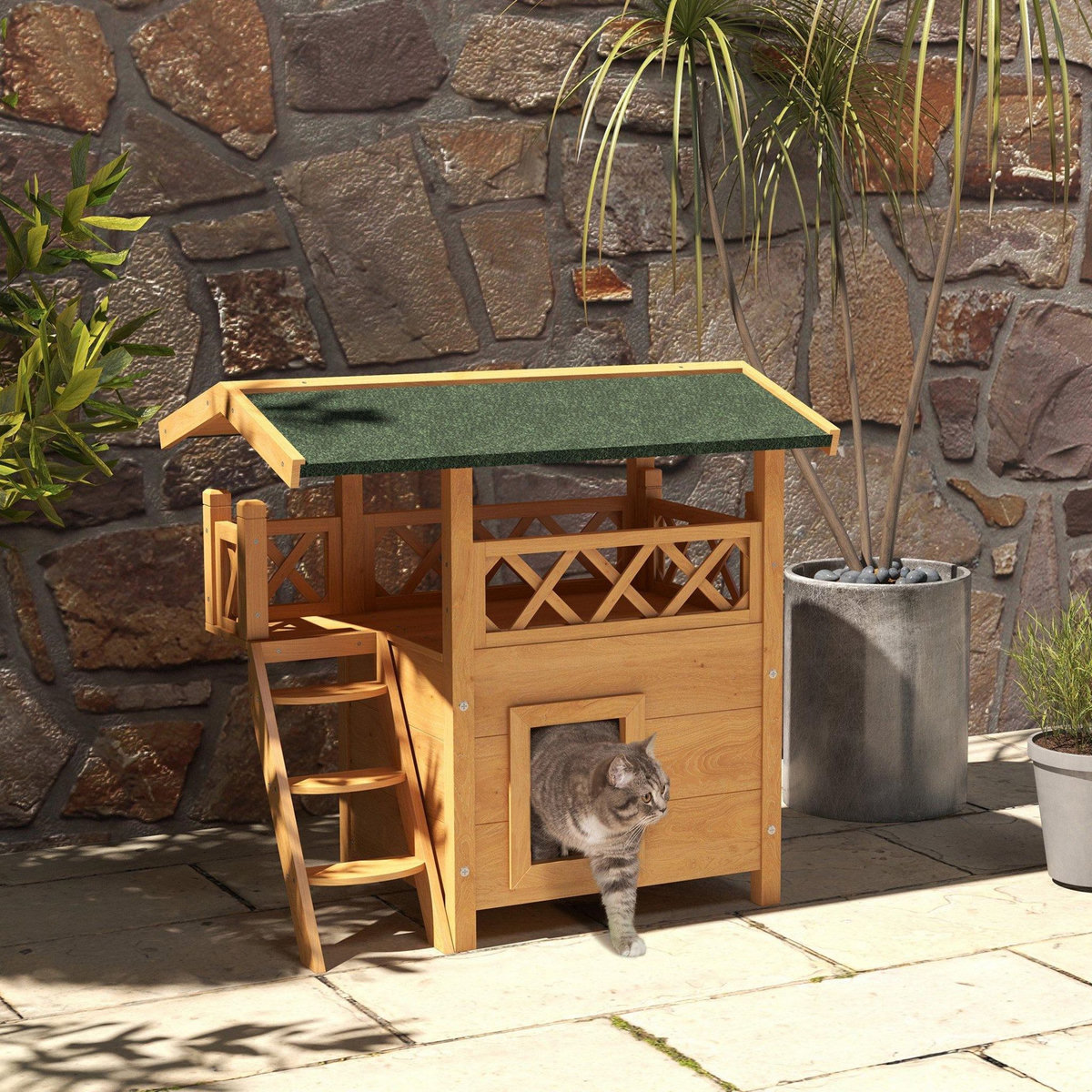 PAWHUT Maison lodge chat chien - niche villa avec terrasse, escalier, toit - 77 x 50 x 73 cm - bois pin pré-huilé