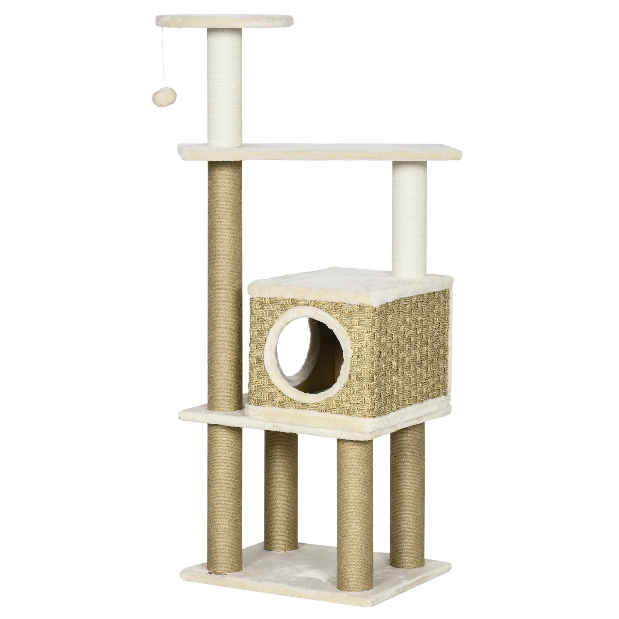 Voir la diapositive 1 : PAWHUT Arbre à chat style cosy chic griffoirs sisal naturel niche plateformes corde jeu boule peluche courte cordes d'algues tressées