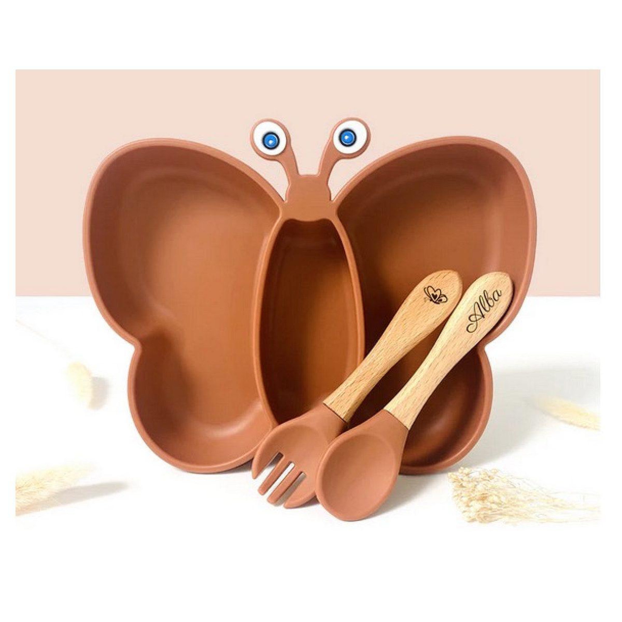 LES PETITS CITRONS Set repas et couvert papillon pour enfant ocre