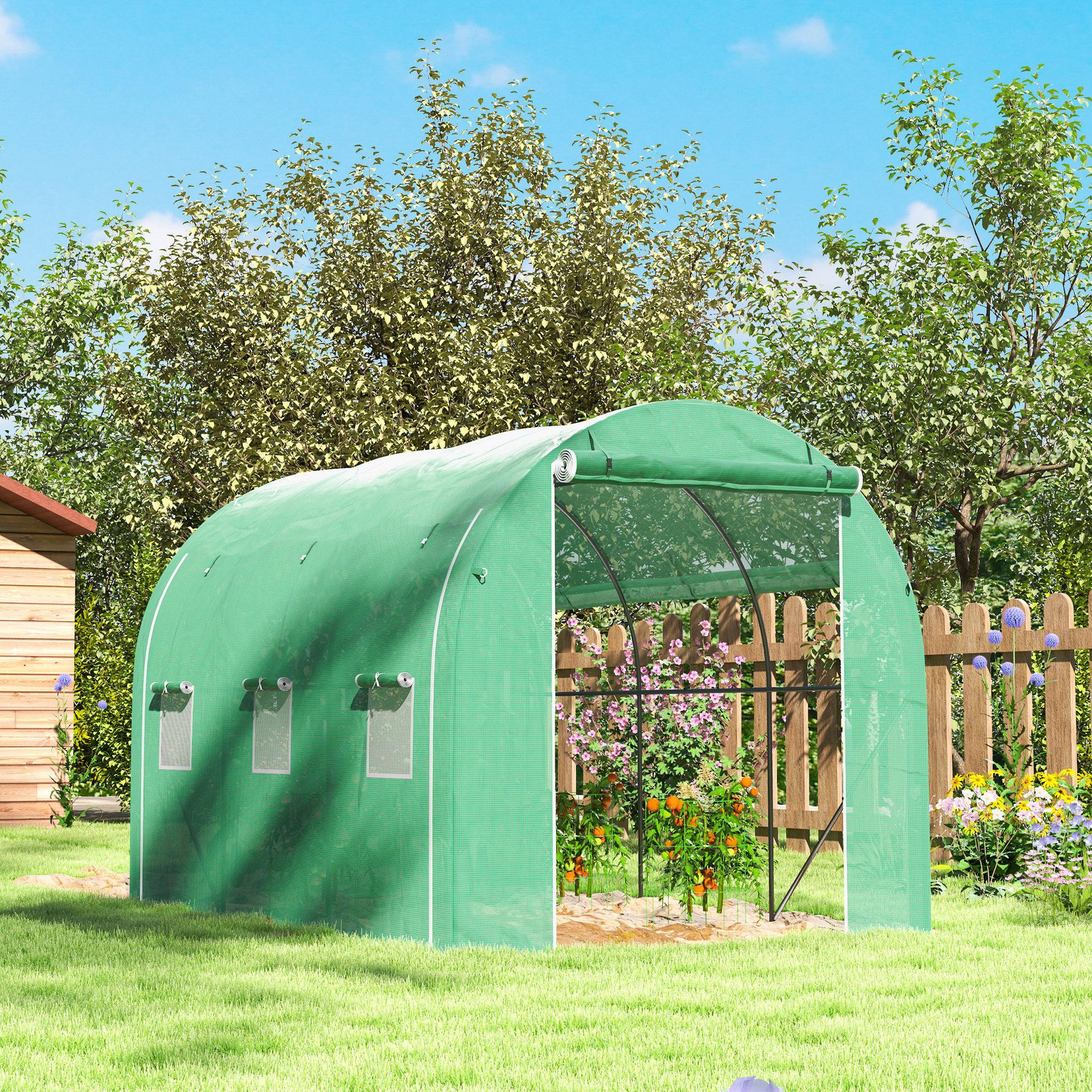 Voir la diapositive 2 : OUTSUNNY Serre de jardin tunnel 6 m² acier galvanisé renforcé dia. 1,9 cm bâche pe haute densité vert