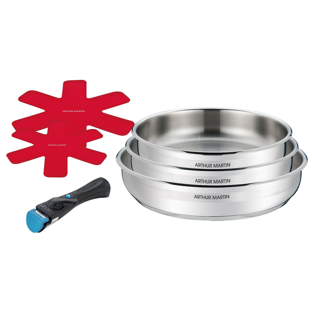 Arthur Martin Set de 3 poêles induction amovibles + 2 protèges poêles