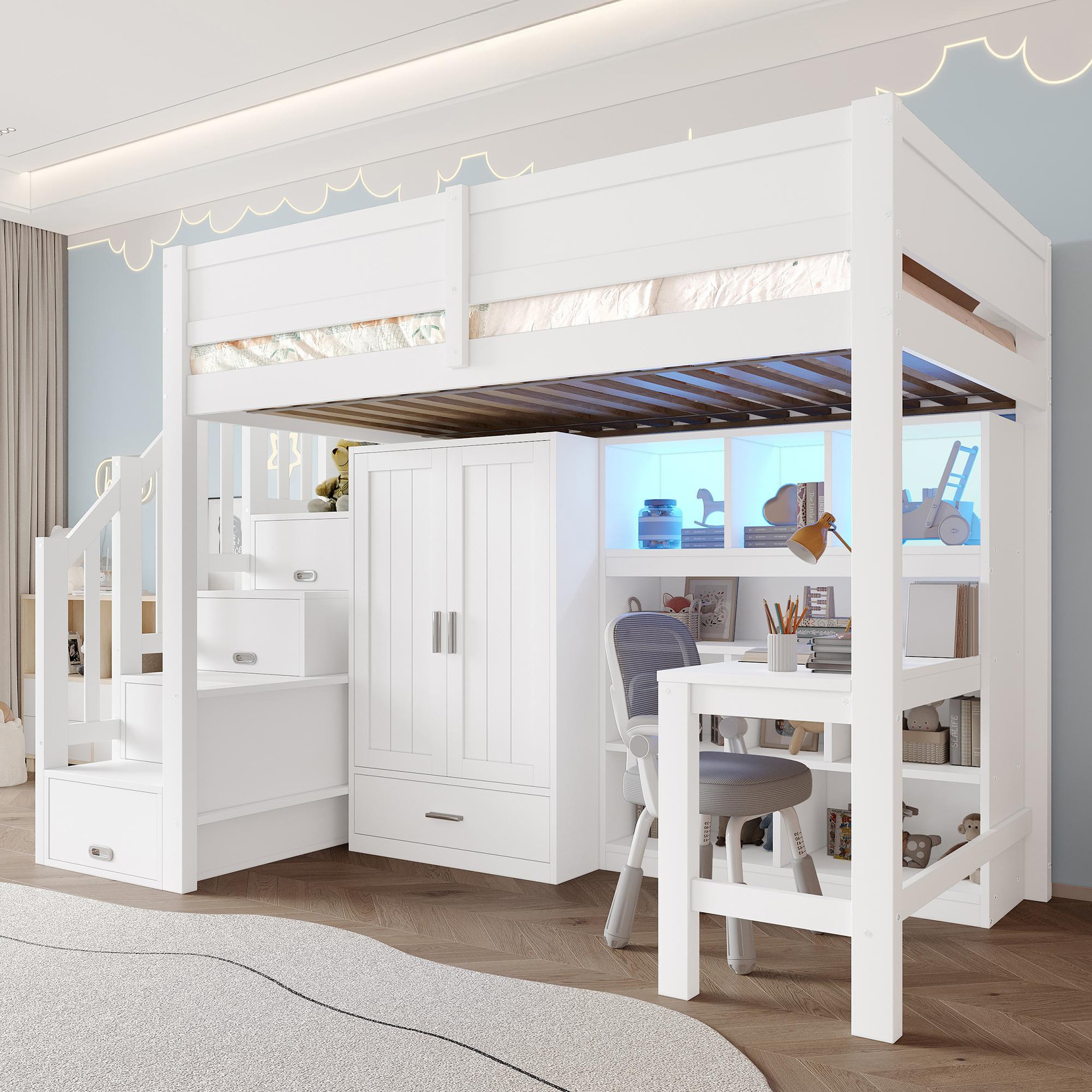Voir la diapositive 4 : MERAX Lit combiné enfant 90x200 cm coloris blanc led pin