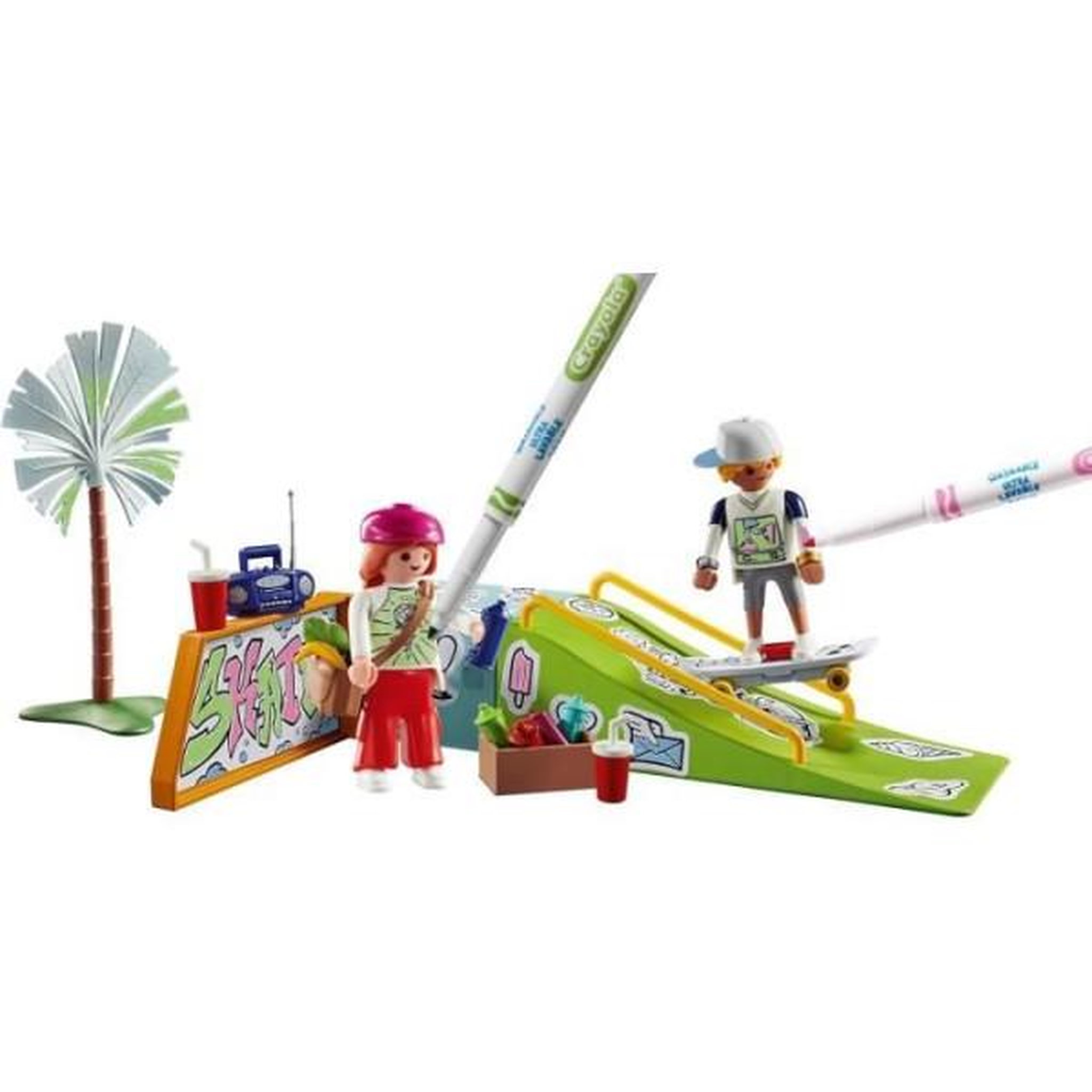 Voir la diapositive 5 : PLAYMOBIL PLAYMOBIL 71515 Skateurs avec rampe, Color, 44 pieces, avec crayons Crayola, Des 6 ans