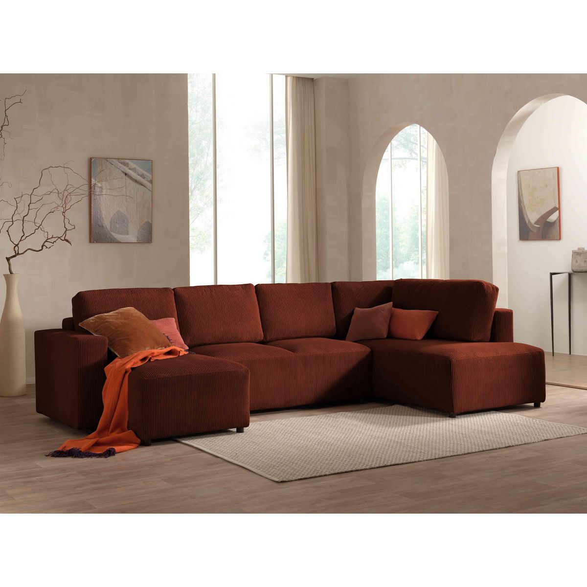 LISA DESIGN Livy - canapé panoramique convertible - avec coffre - en velours côtelé - 7 places - droit