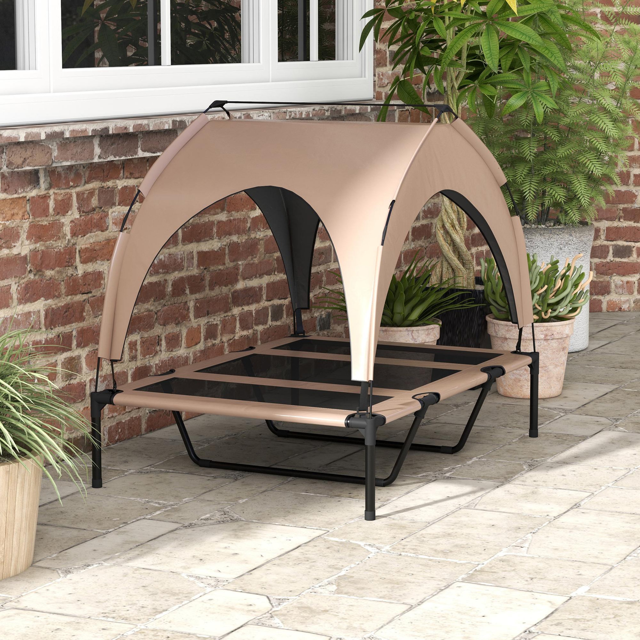 Voir la diapositive 2 : PAWHUT Lit chien sur pied avec voile ombrage - 106 x 76 x 94 cm - sac de transport - marron