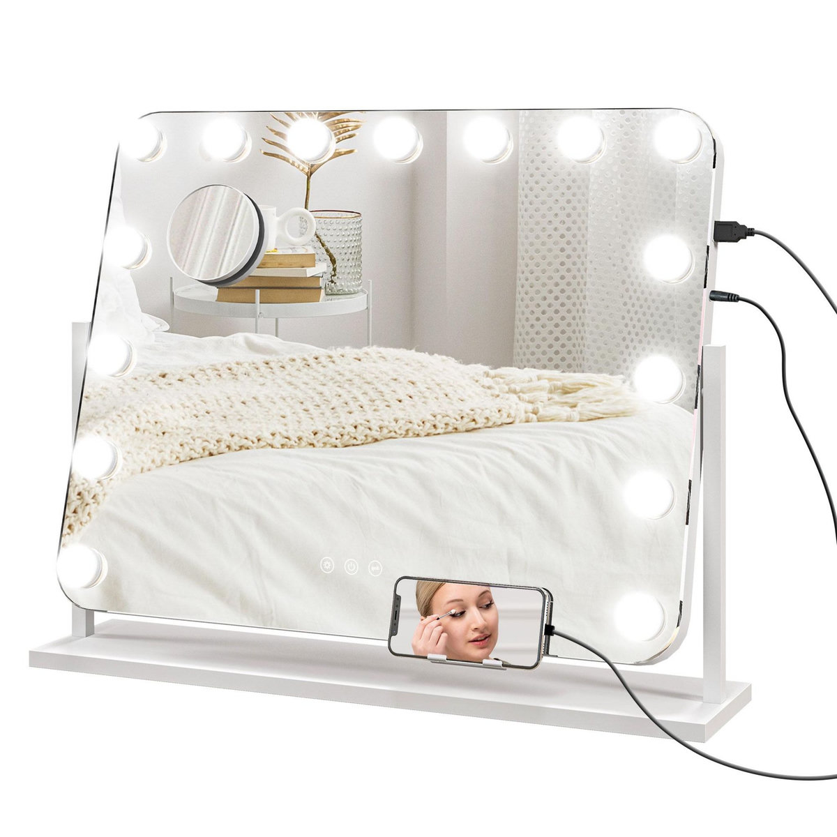 HOMCOM Miroir maquillage Hollywood lumineux LED intensité réglable grossissant rotatif charge USB support blanc